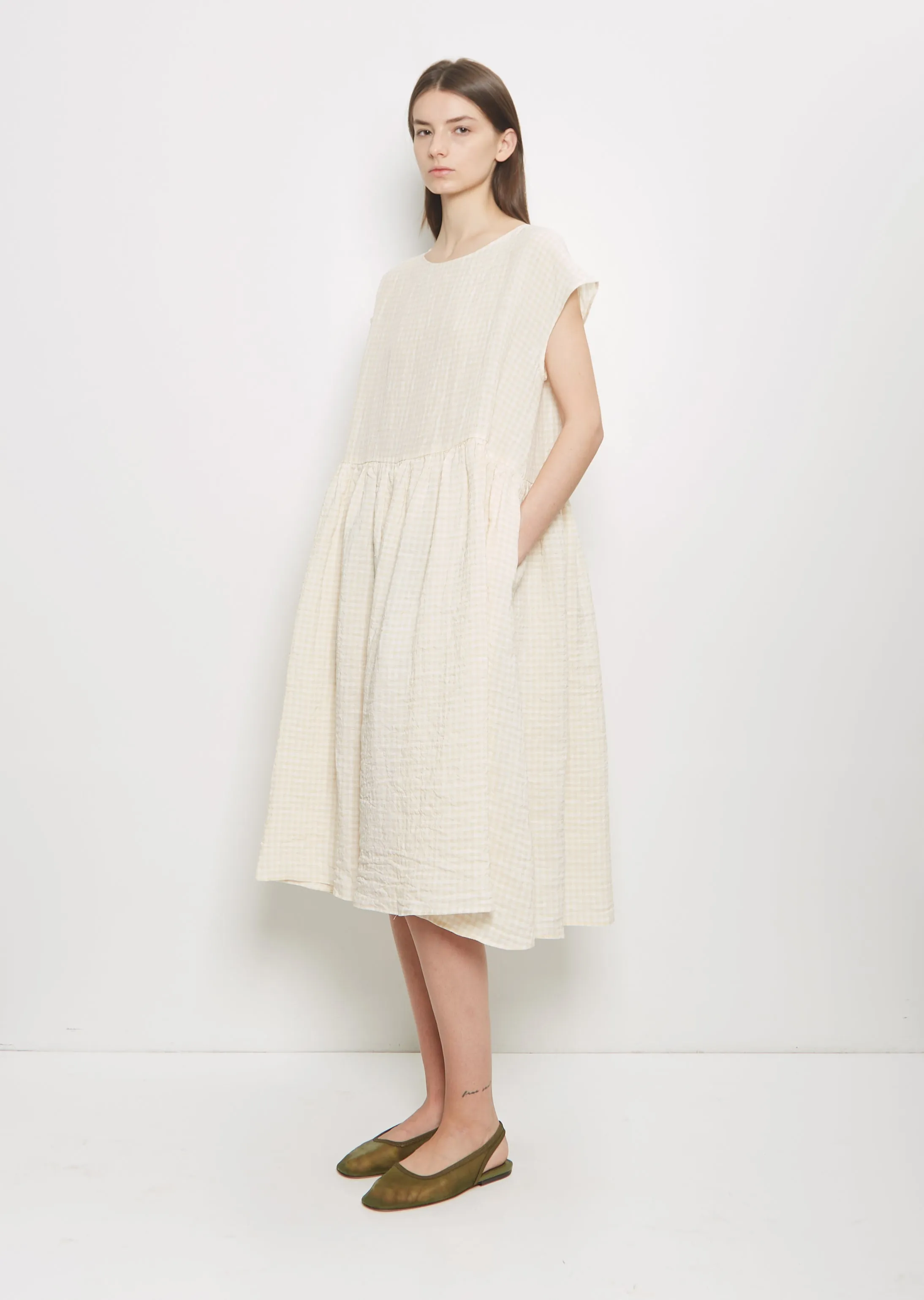 Linen Vichy Pleated Dress — Milk Sand