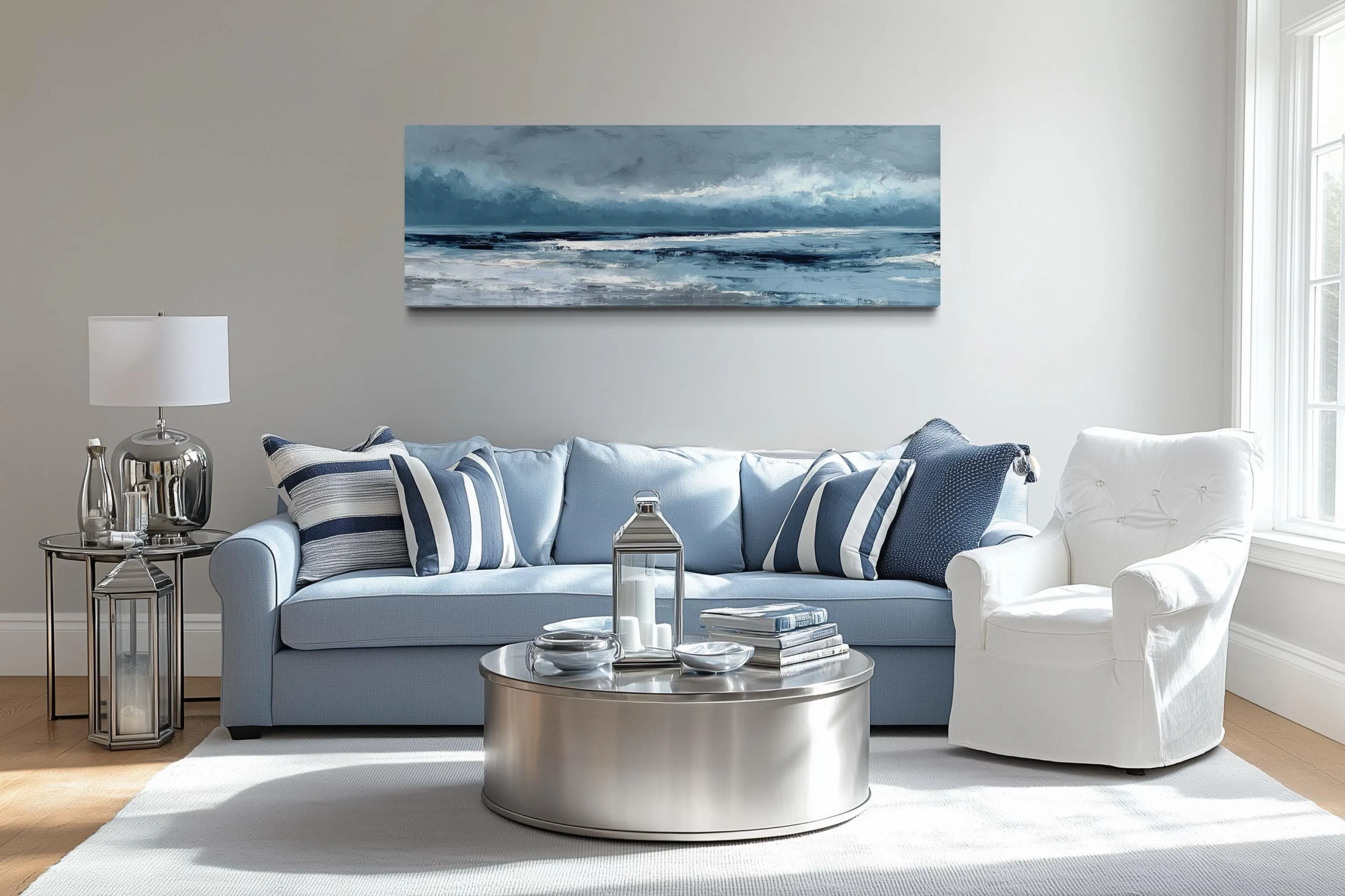 Long Horizontal Calm Ocean Canvas Wall Art