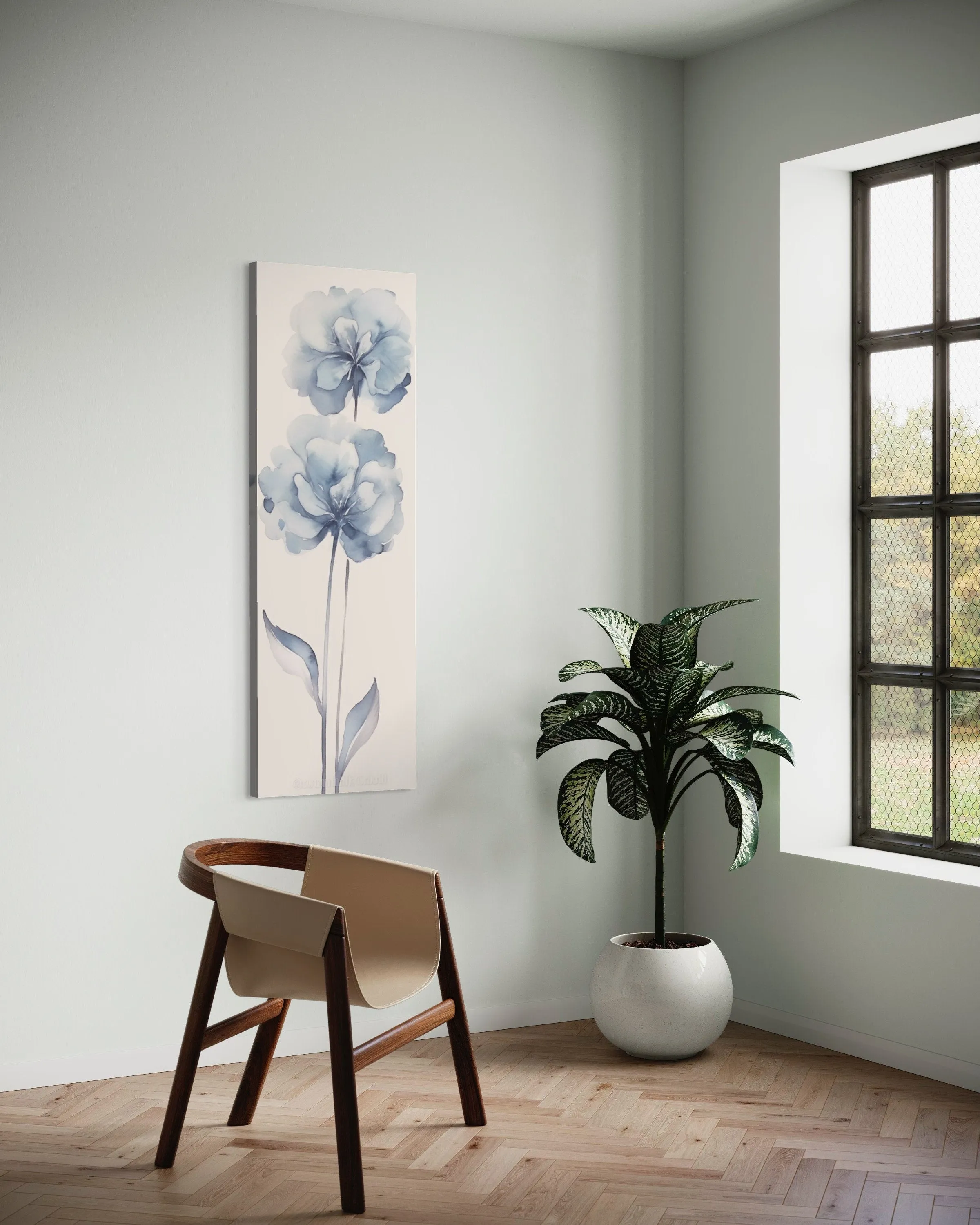 Long Narrow Pale Blue Floral Vertical Framed Canvas Wall Art