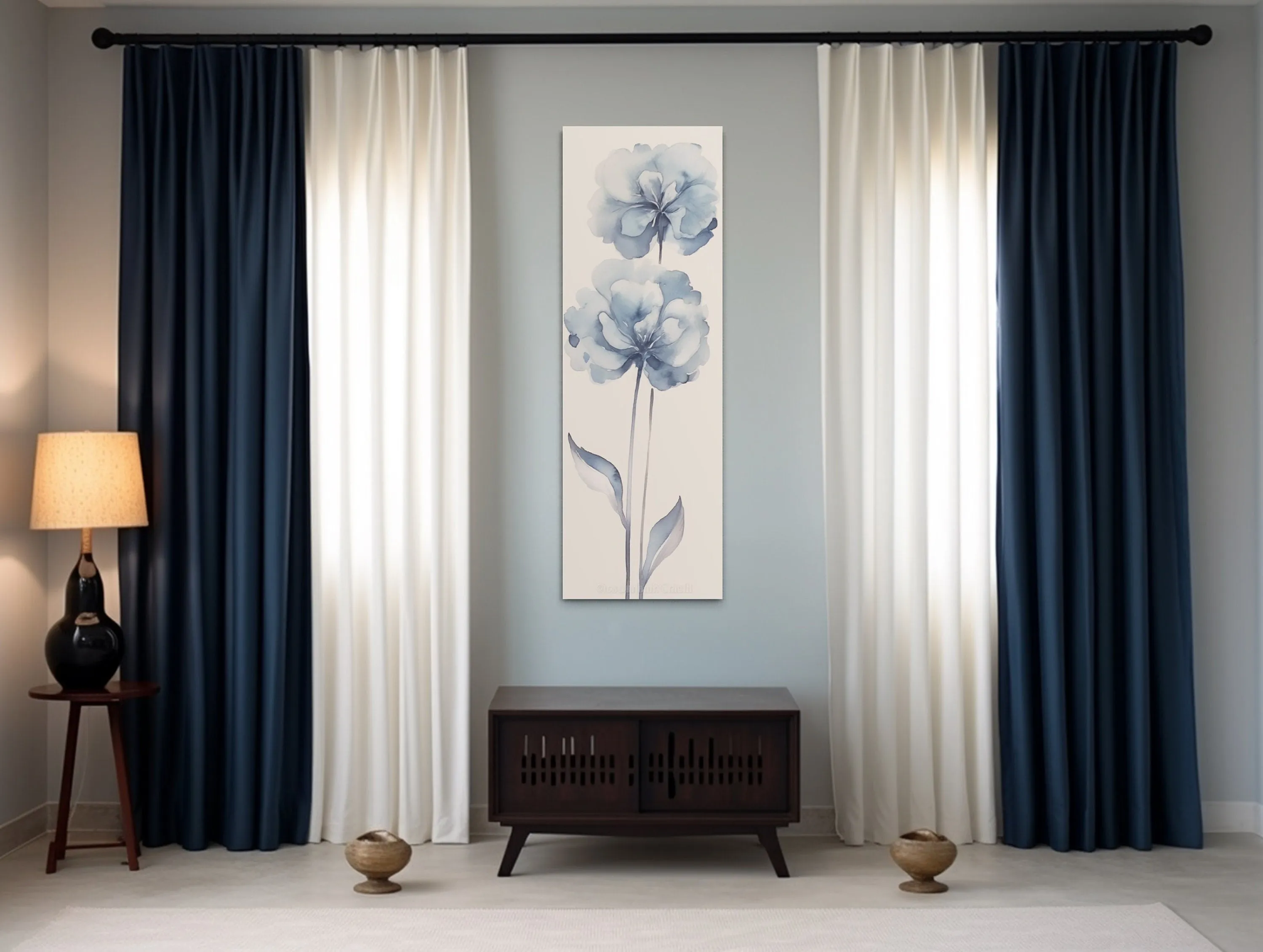 Long Narrow Pale Blue Floral Vertical Framed Canvas Wall Art