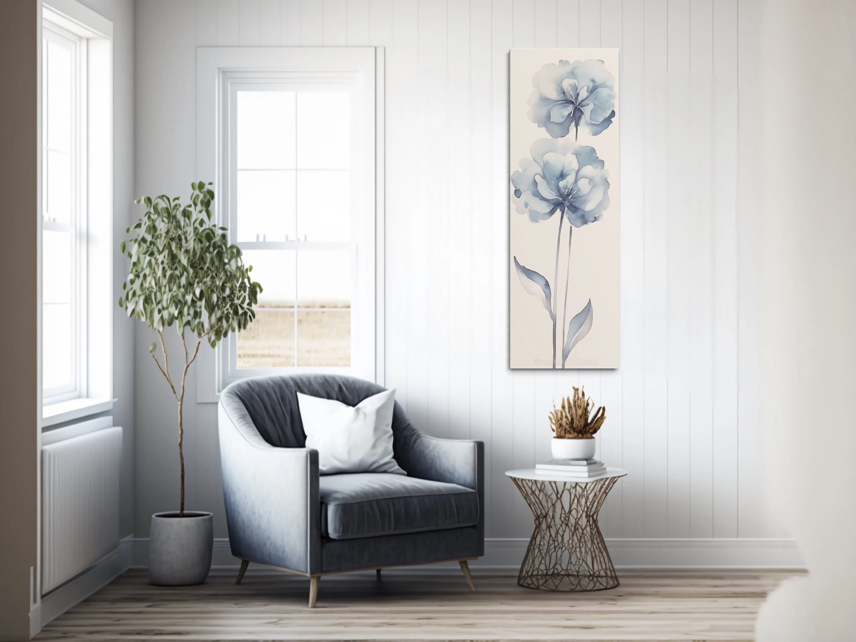 Long Narrow Pale Blue Floral Vertical Framed Canvas Wall Art