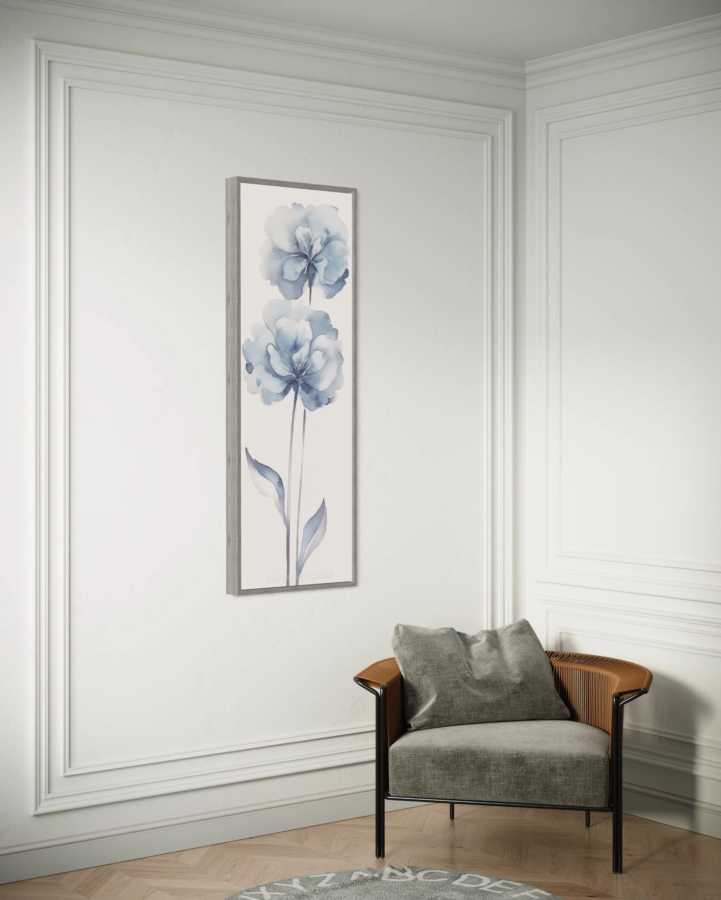 Long Narrow Pale Blue Floral Vertical Framed Canvas Wall Art