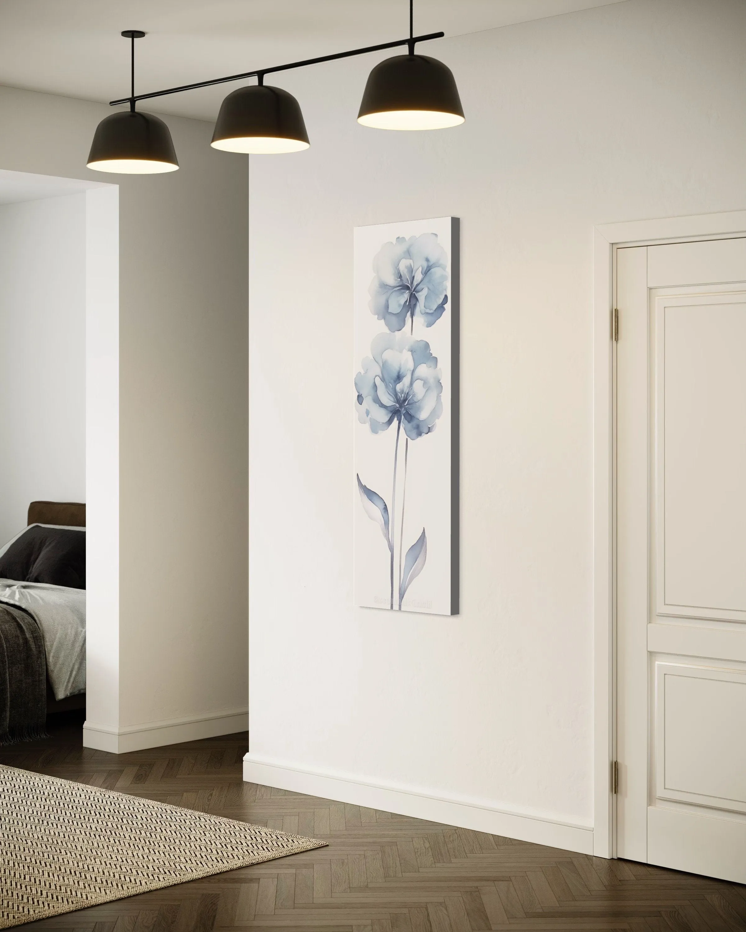 Long Narrow Pale Blue Floral Vertical Framed Canvas Wall Art