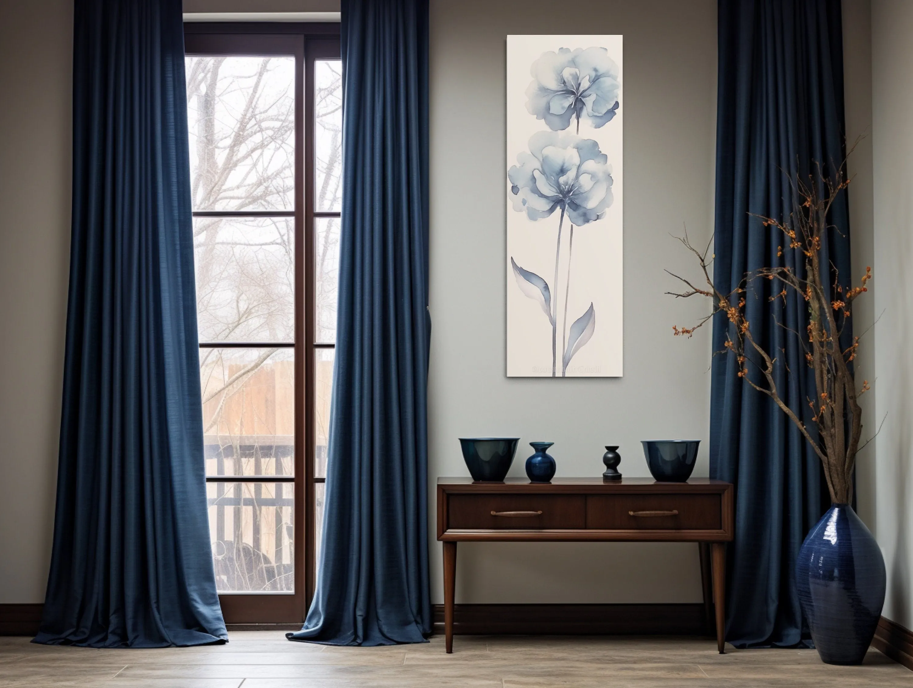 Long Narrow Pale Blue Floral Vertical Framed Canvas Wall Art