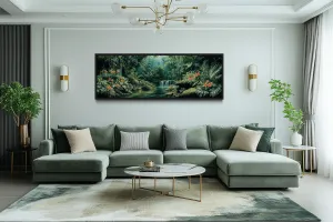 Long Narrow Tropical Forest Green Framed Canvas Wall Art