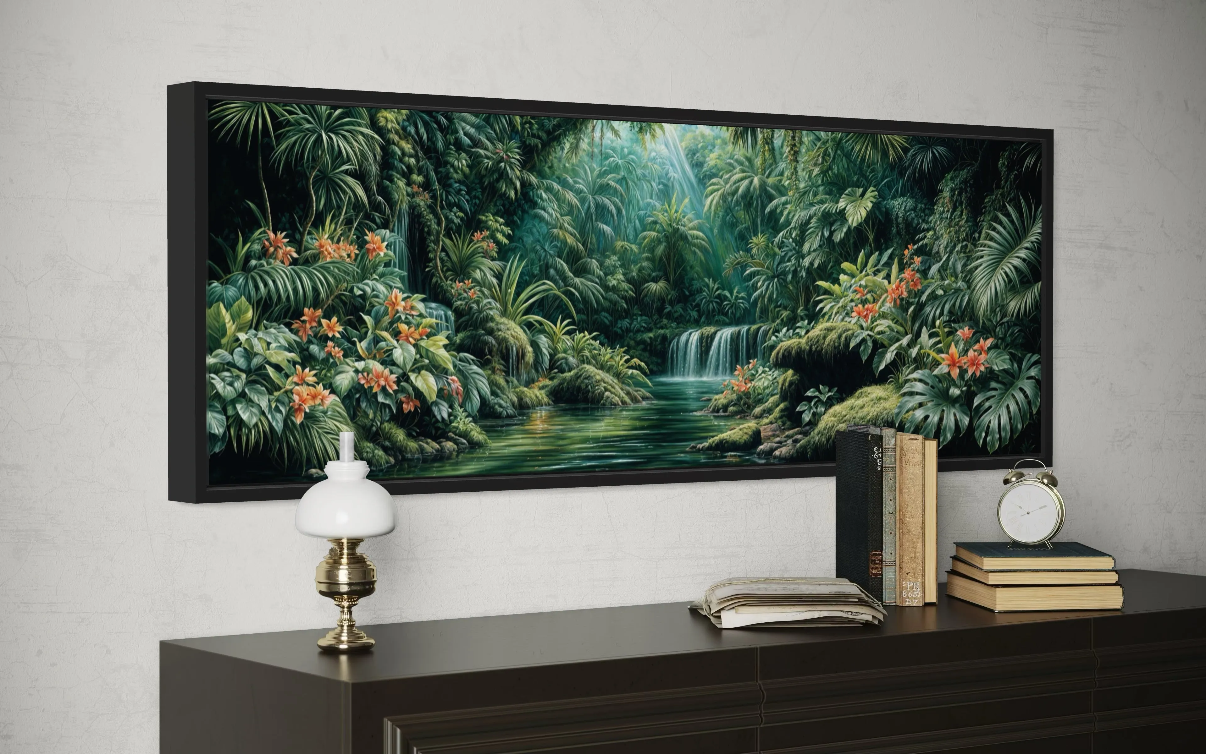 Long Narrow Tropical Forest Green Framed Canvas Wall Art