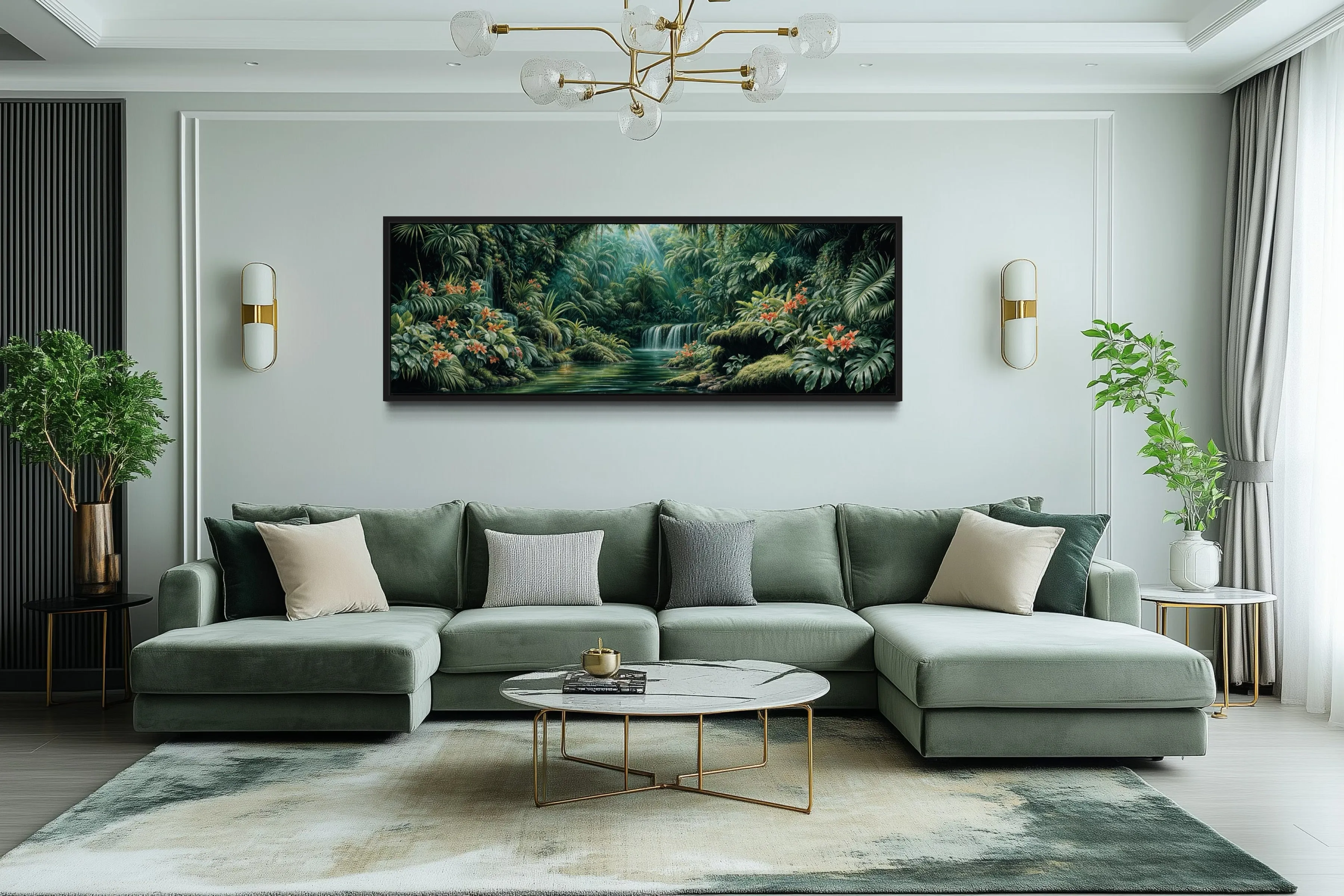 Long Narrow Tropical Forest Green Framed Canvas Wall Art