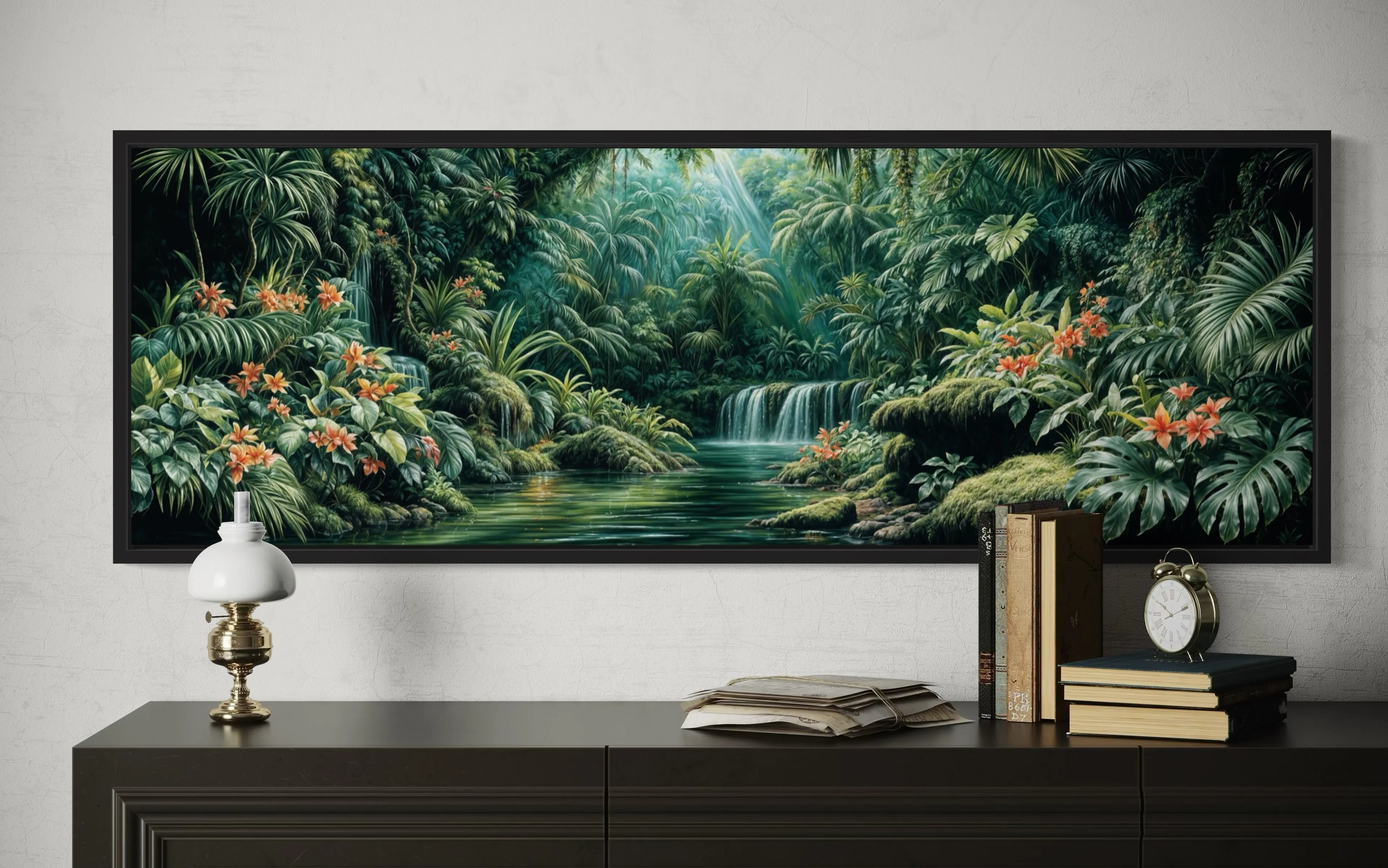 Long Narrow Tropical Forest Green Framed Canvas Wall Art