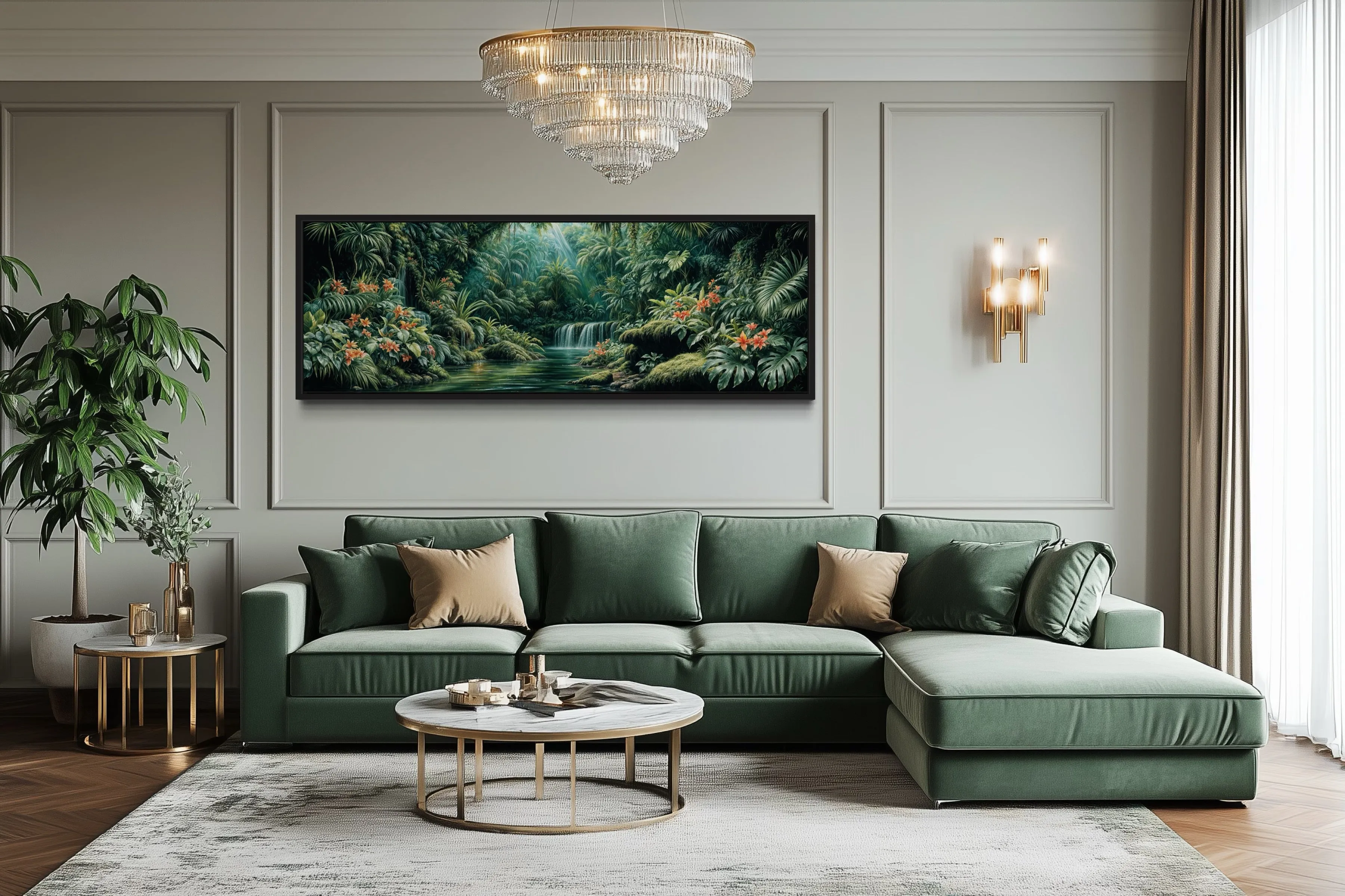 Long Narrow Tropical Forest Green Framed Canvas Wall Art