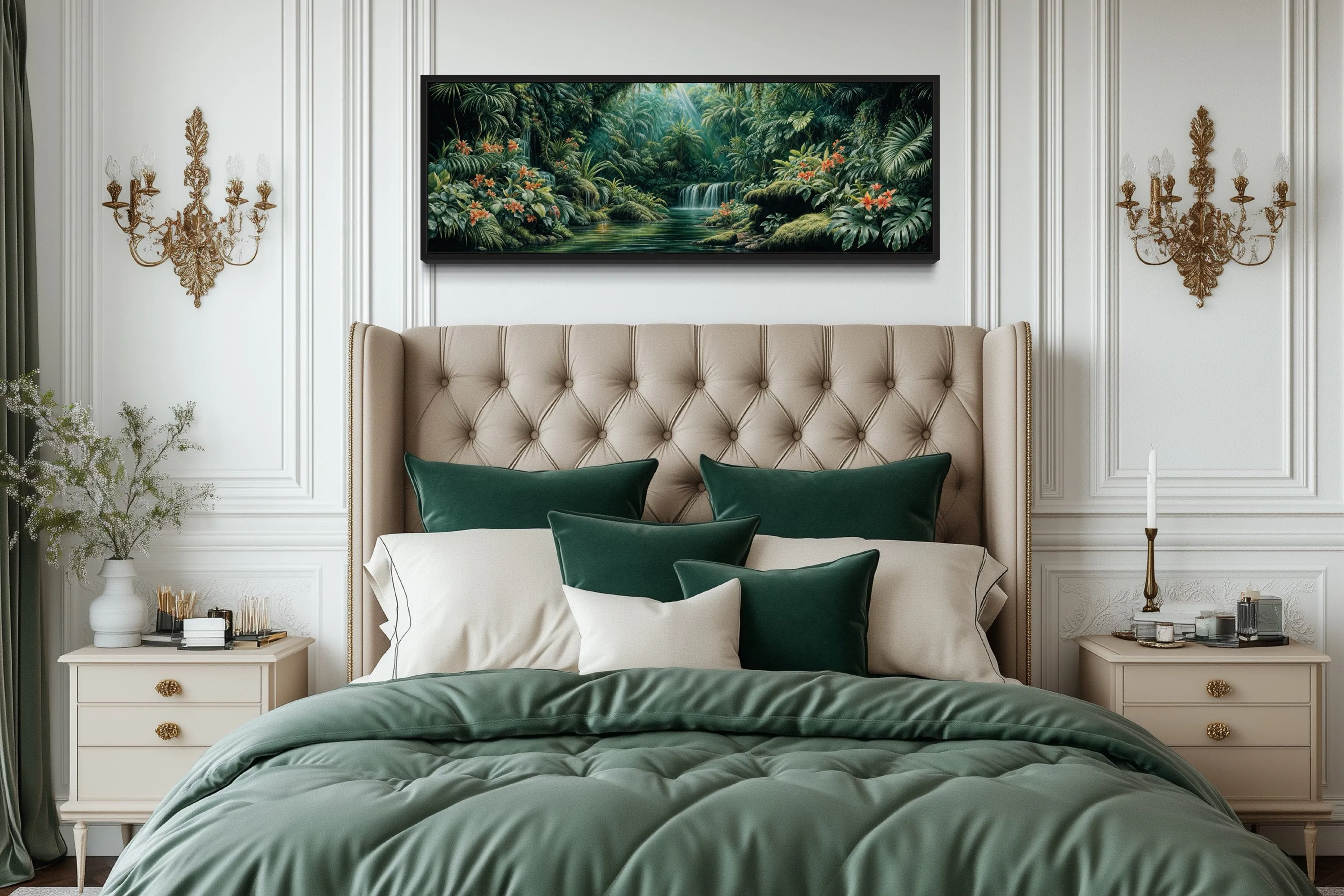 Long Narrow Tropical Forest Green Framed Canvas Wall Art