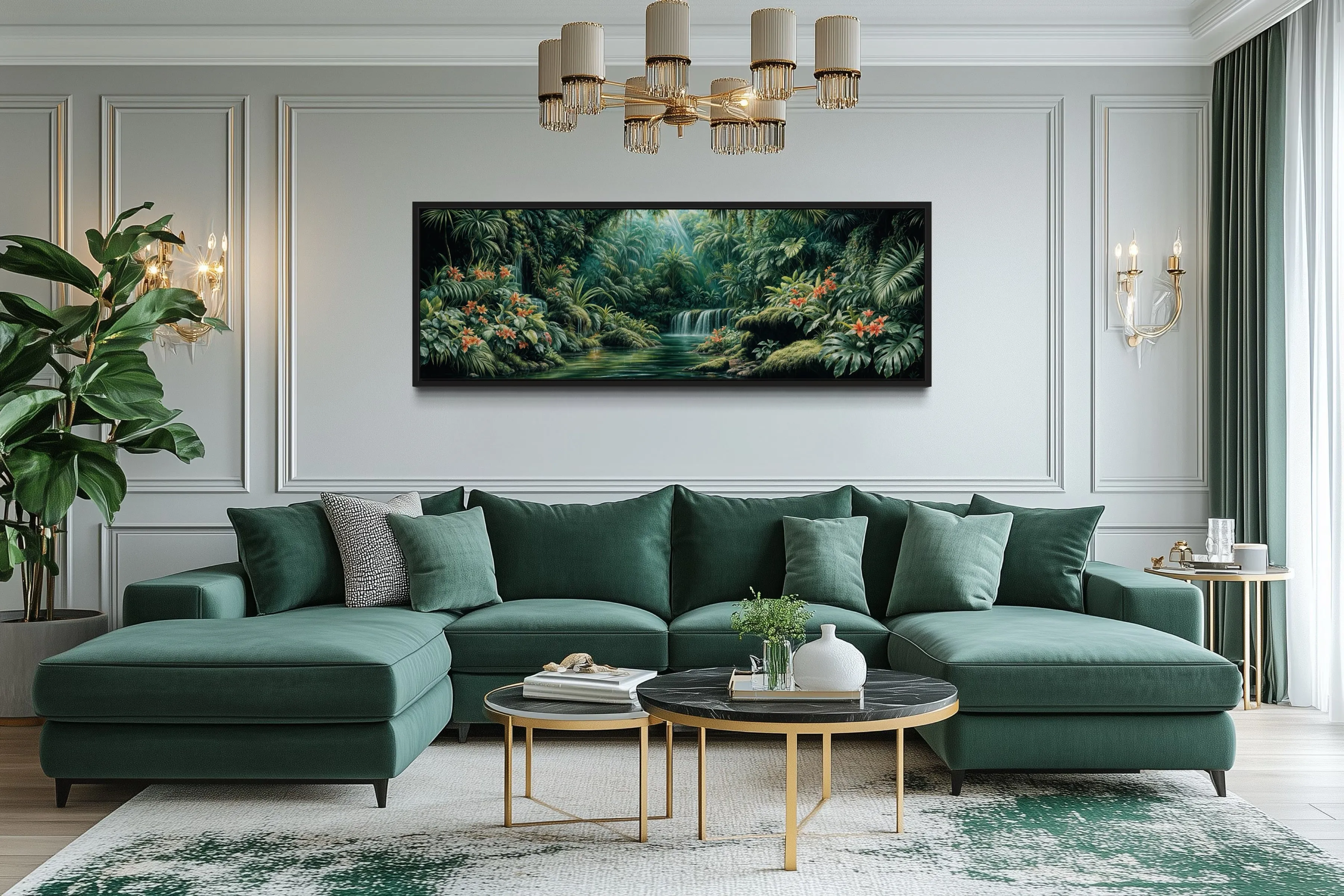Long Narrow Tropical Forest Green Framed Canvas Wall Art