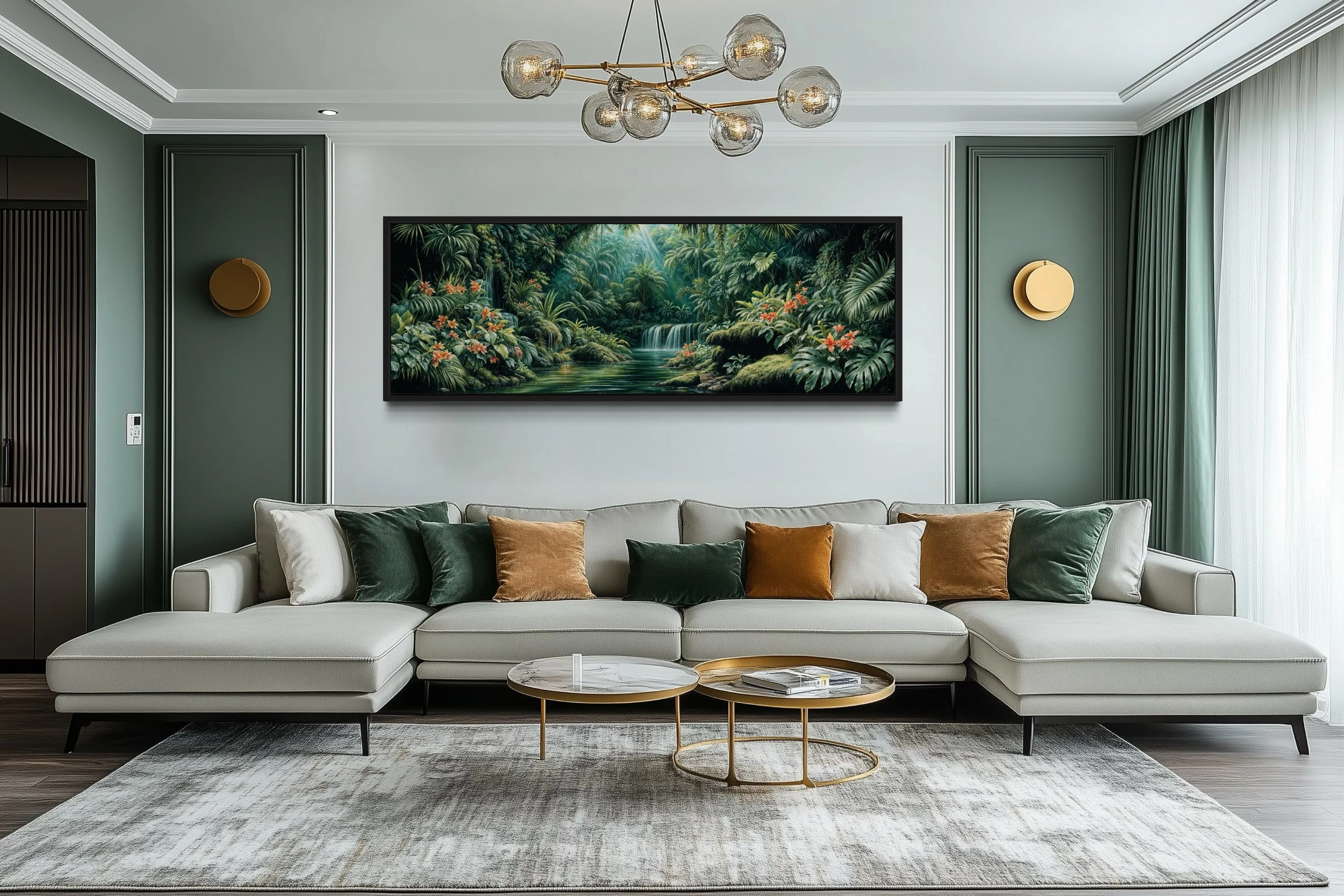Long Narrow Tropical Forest Green Framed Canvas Wall Art