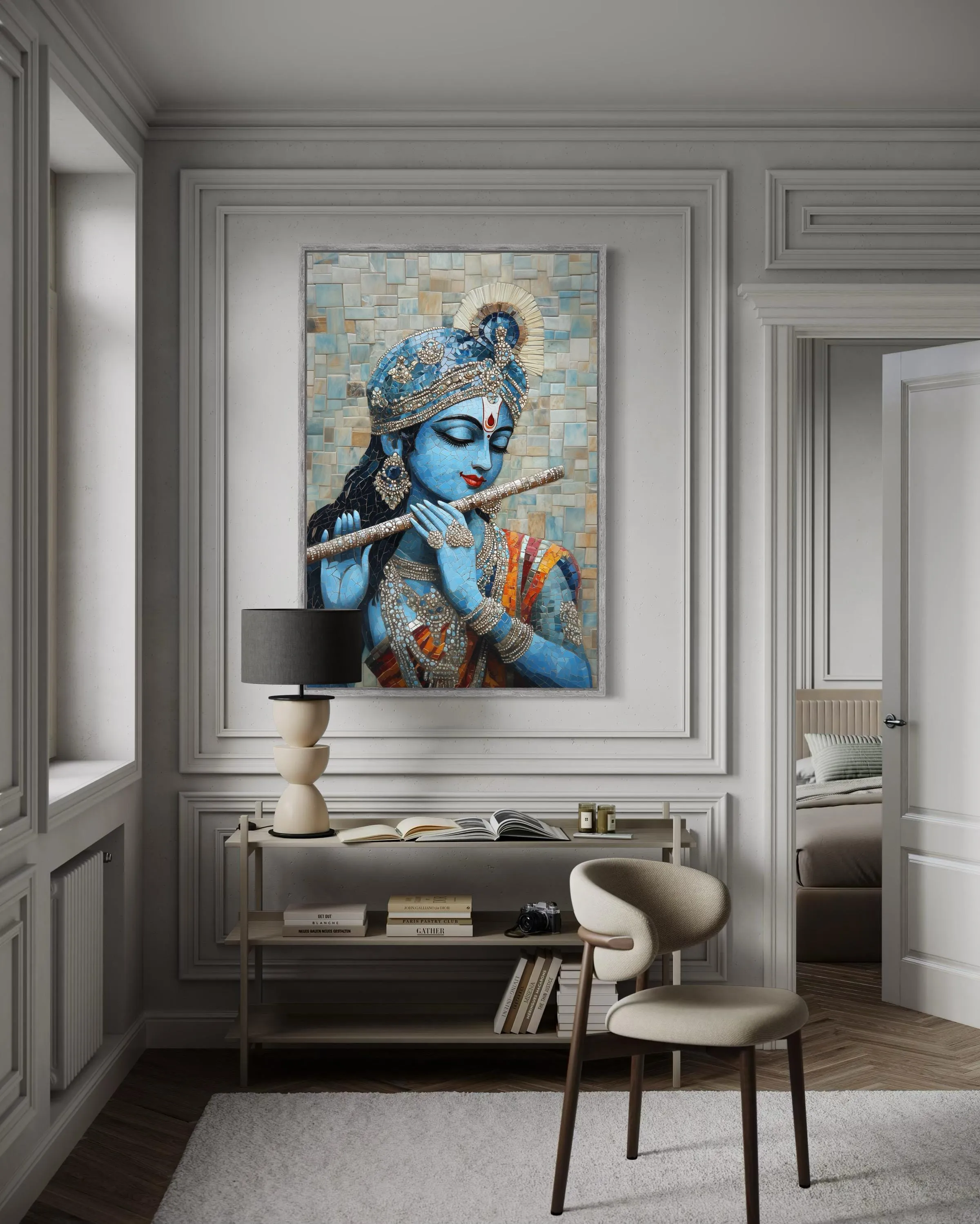 Lord Krishna Playing Flute Mosaic Painting Canvas Wall Art