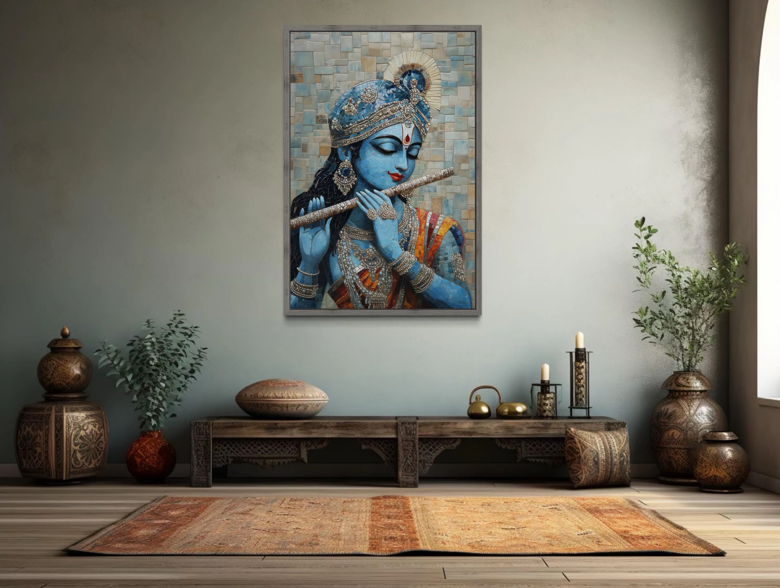 Lord Krishna Playing Flute Mosaic Painting Canvas Wall Art