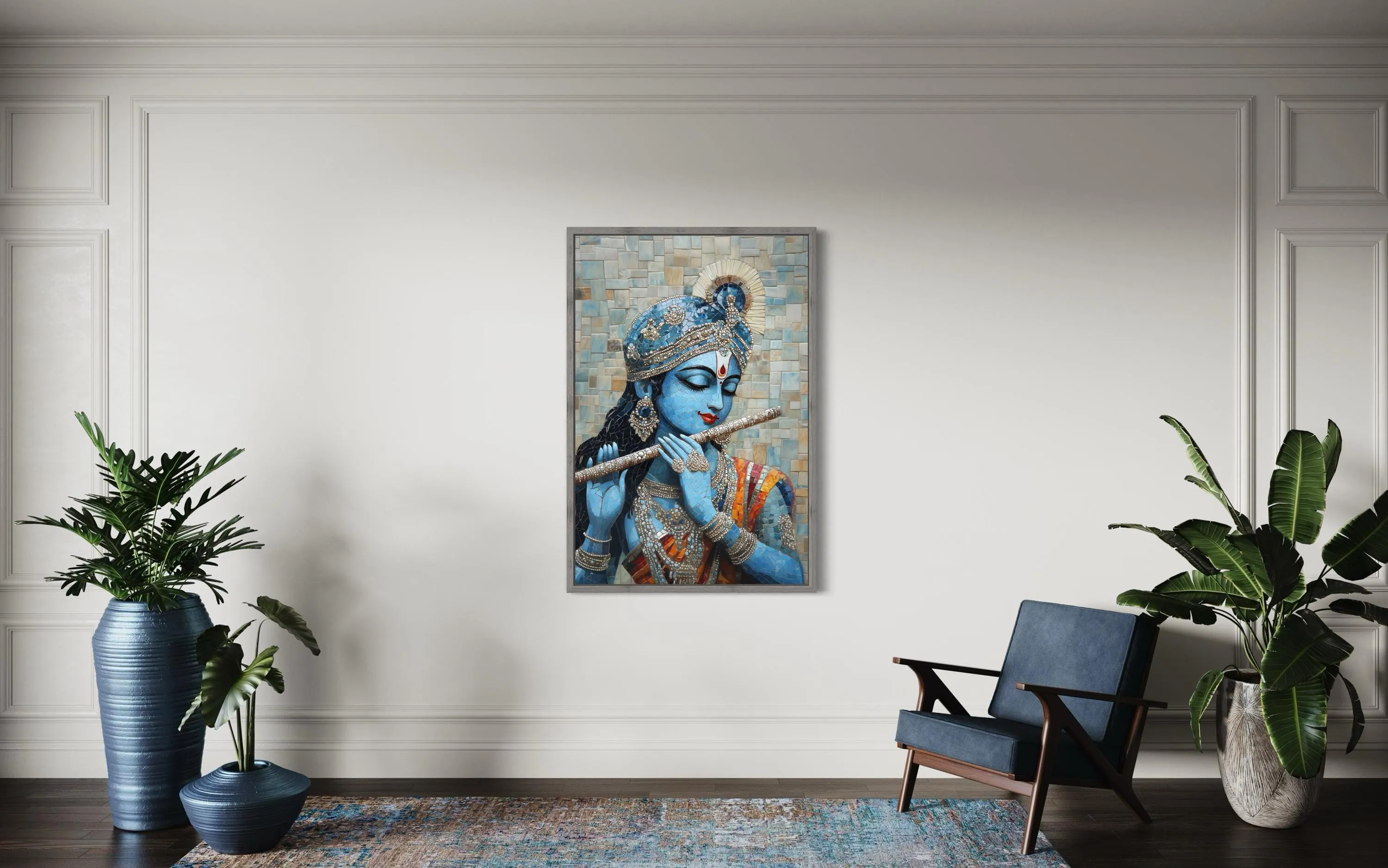 Lord Krishna Playing Flute Mosaic Painting Canvas Wall Art