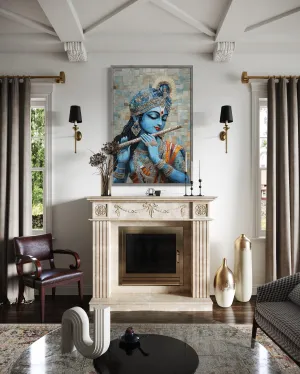 Lord Krishna Playing Flute Mosaic Painting Canvas Wall Art