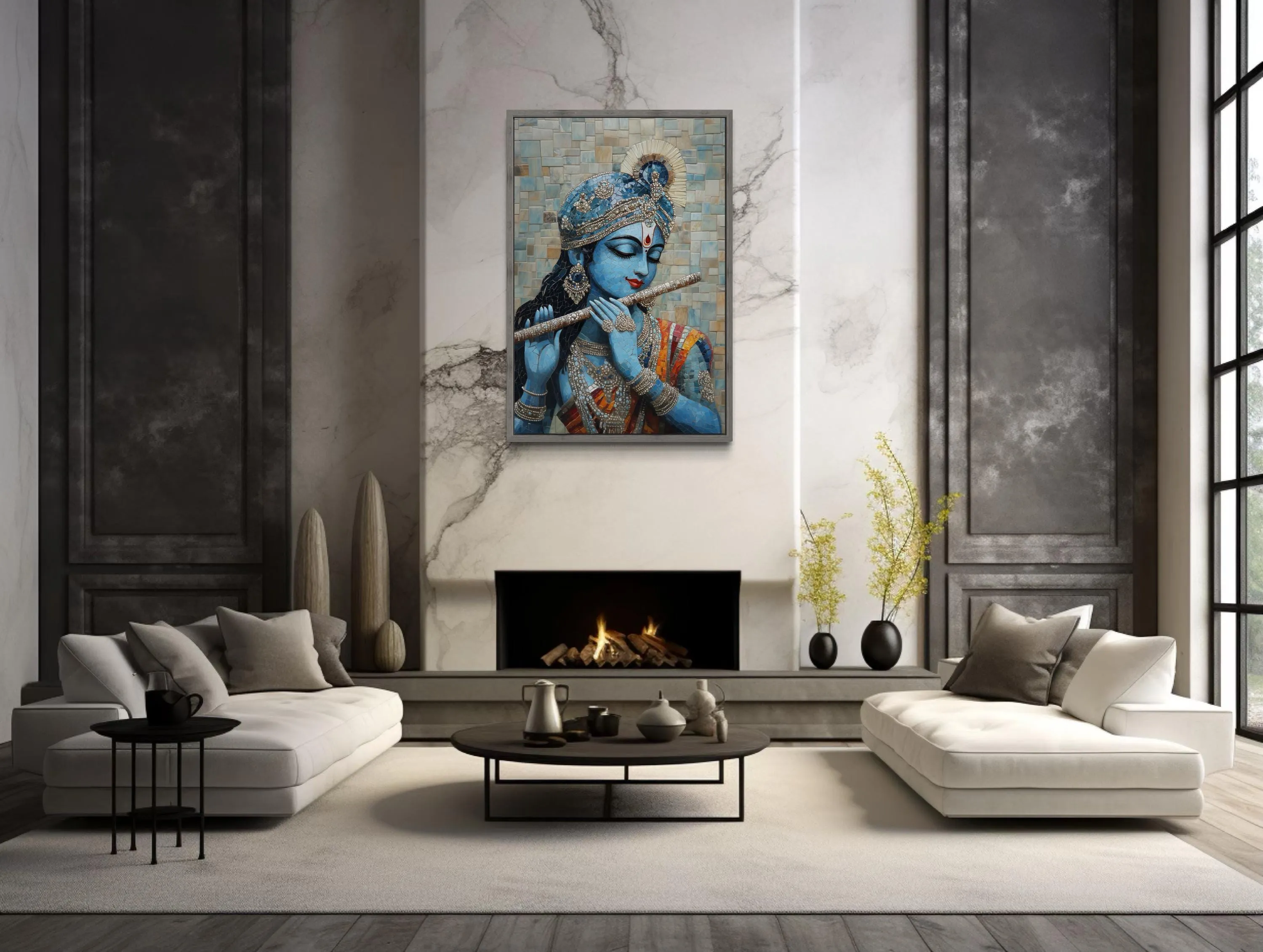 Lord Krishna Playing Flute Mosaic Painting Canvas Wall Art