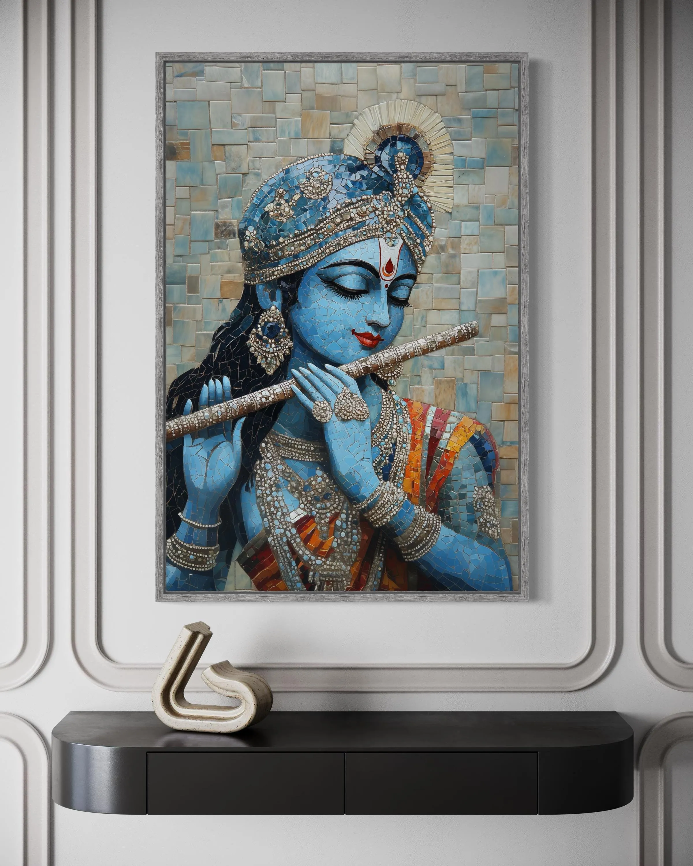 Lord Krishna Playing Flute Mosaic Painting Canvas Wall Art