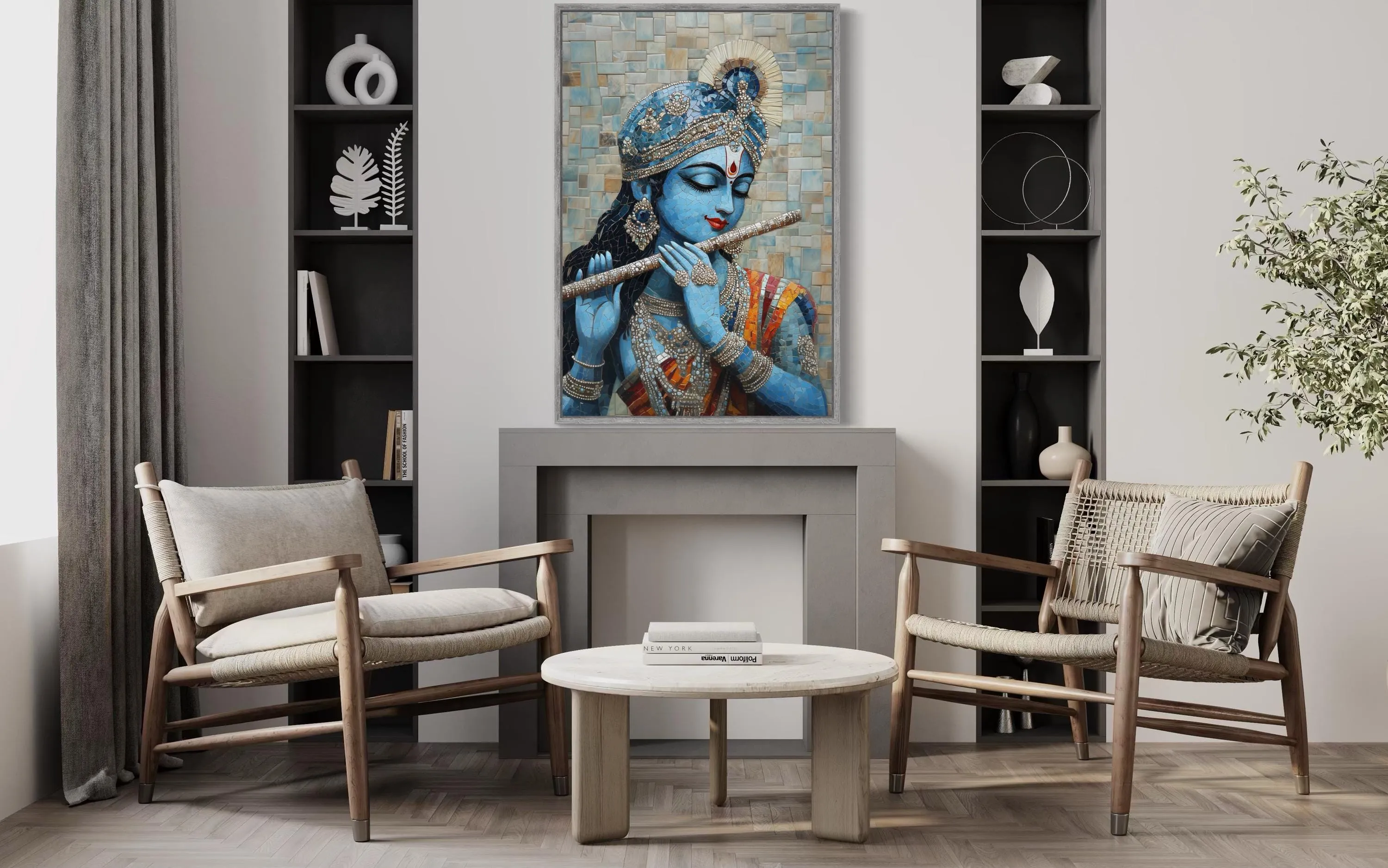 Lord Krishna Playing Flute Mosaic Painting Canvas Wall Art