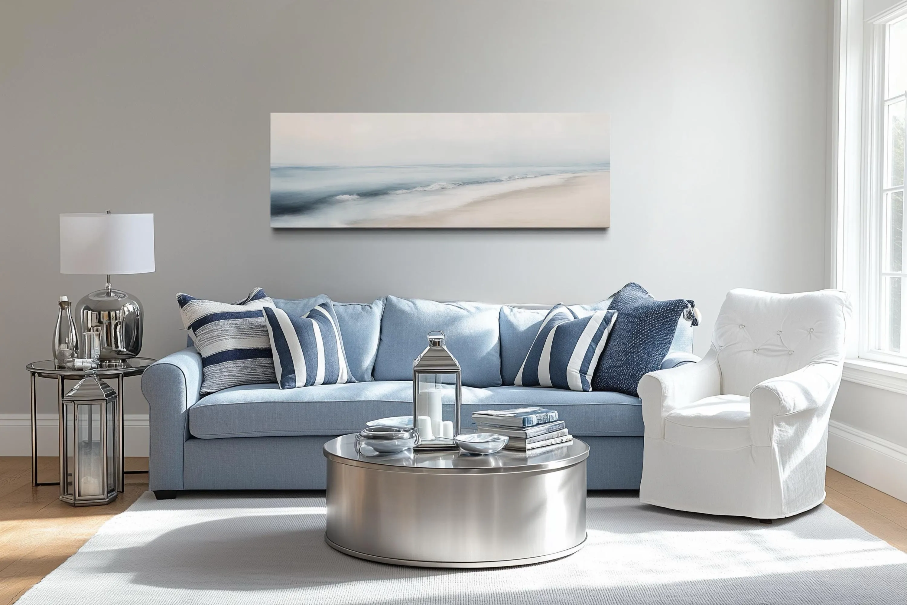 Minimalist Coastal Gray Blue Watercolor Panoramic Ocean Beach