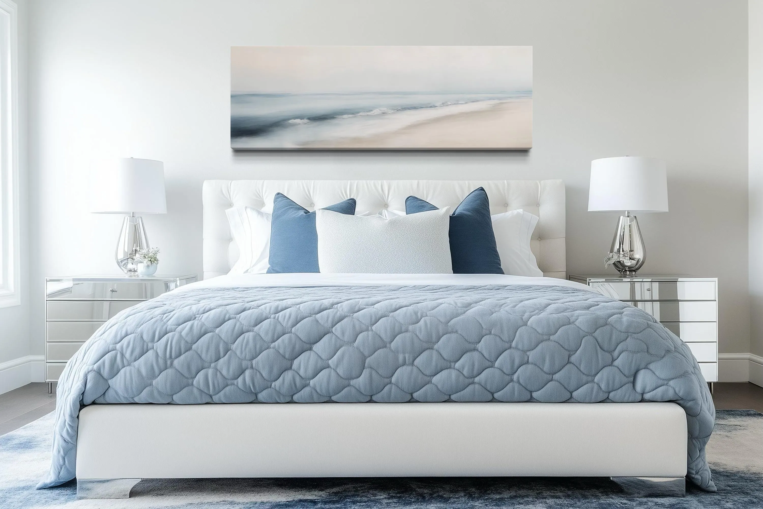 Minimalist Coastal Gray Blue Watercolor Panoramic Ocean Beach