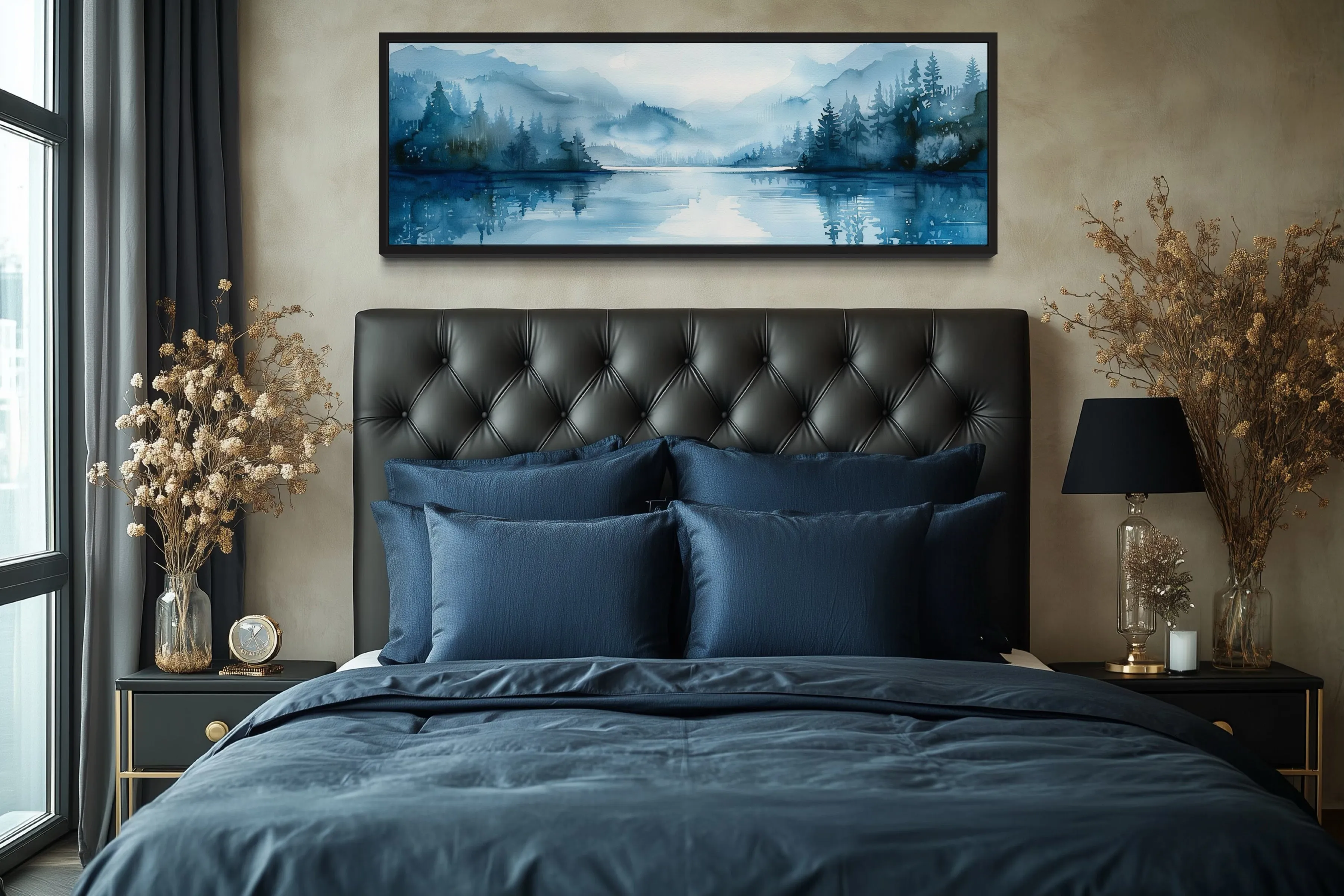 Navy Blue Lake Landscape Long Narrow Horizontal Wall Art