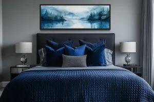 Navy Blue Lake Landscape Long Narrow Horizontal Wall Art