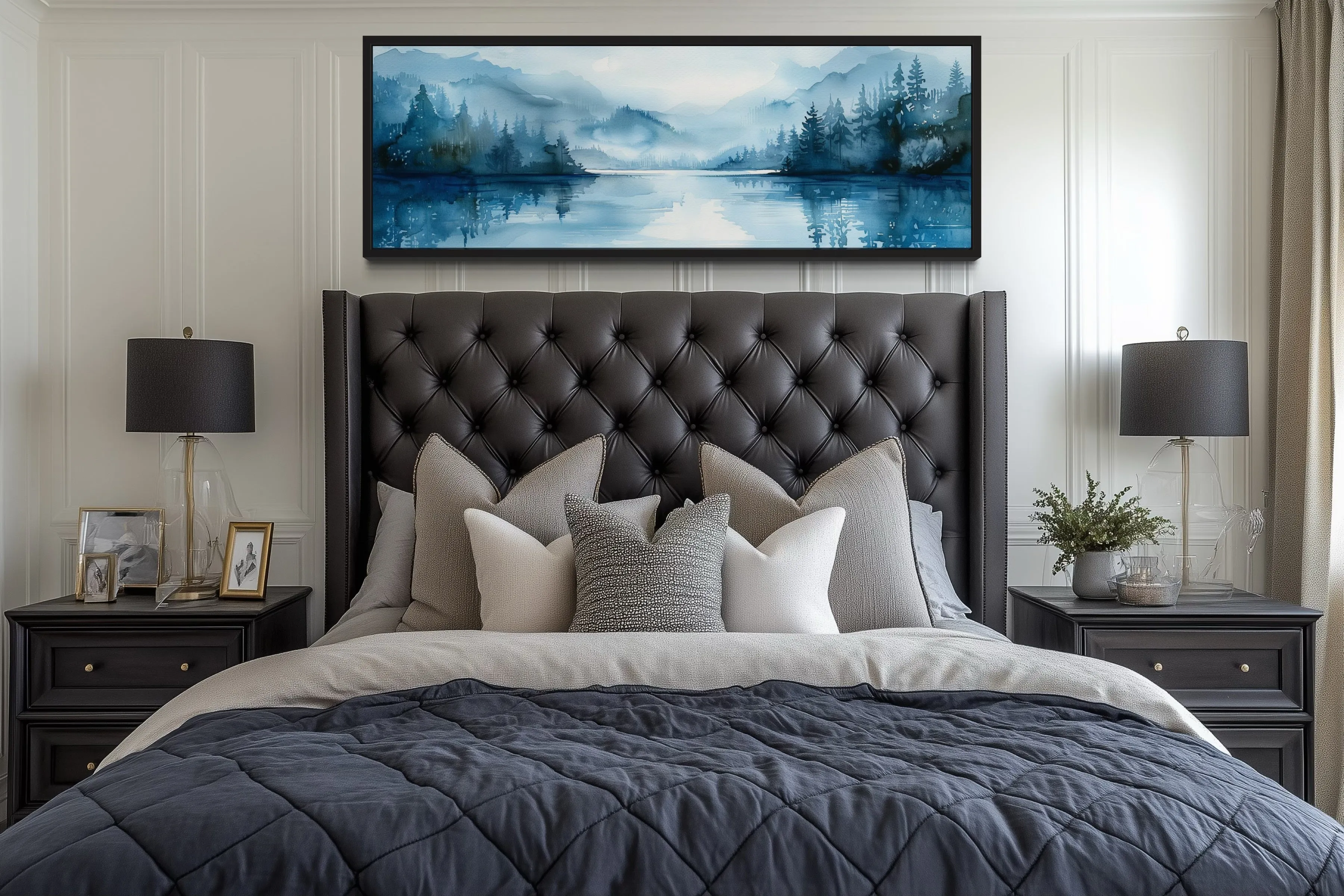 Navy Blue Lake Landscape Long Narrow Horizontal Wall Art
