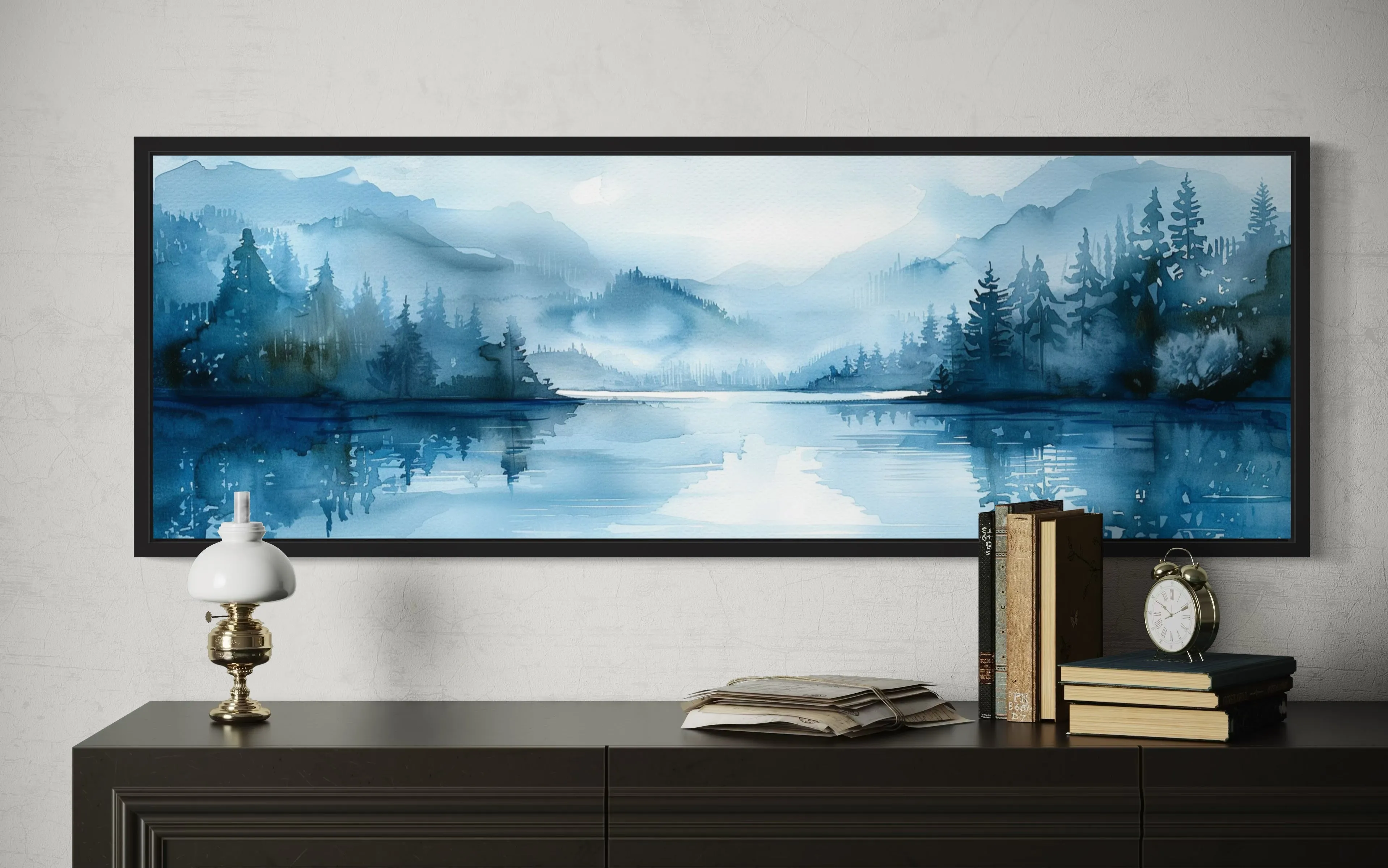 Navy Blue Lake Landscape Long Narrow Horizontal Wall Art