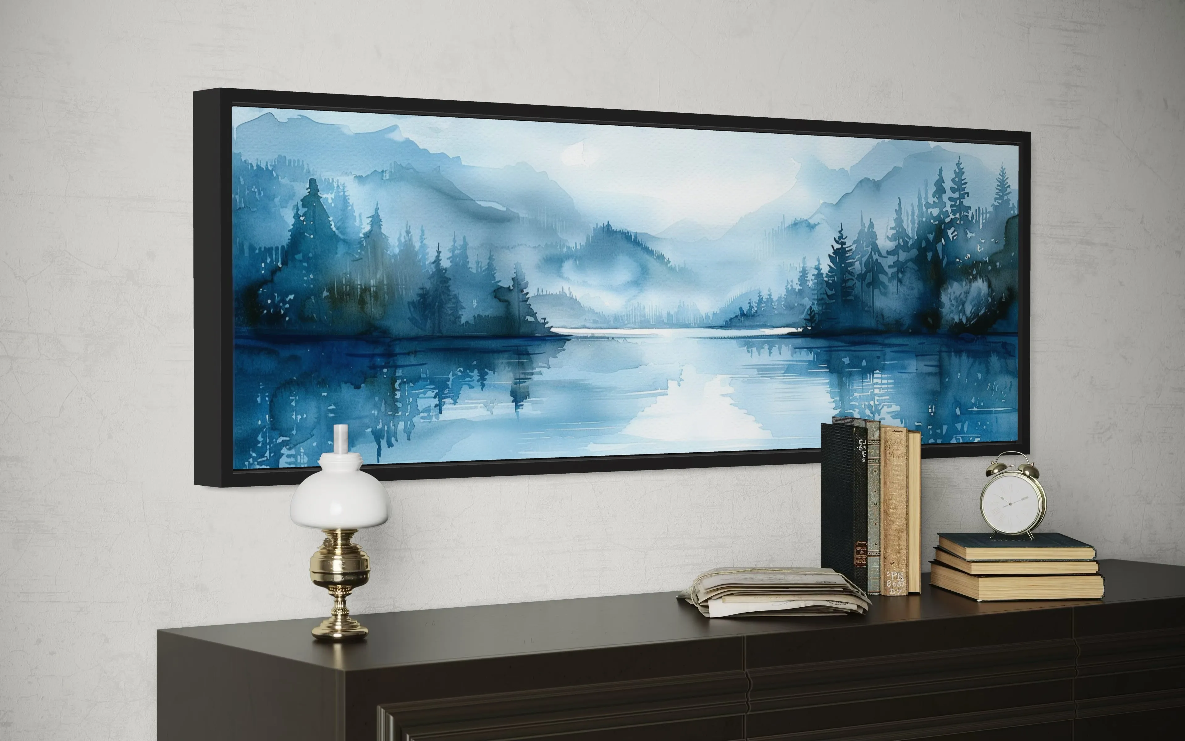 Navy Blue Lake Landscape Long Narrow Horizontal Wall Art