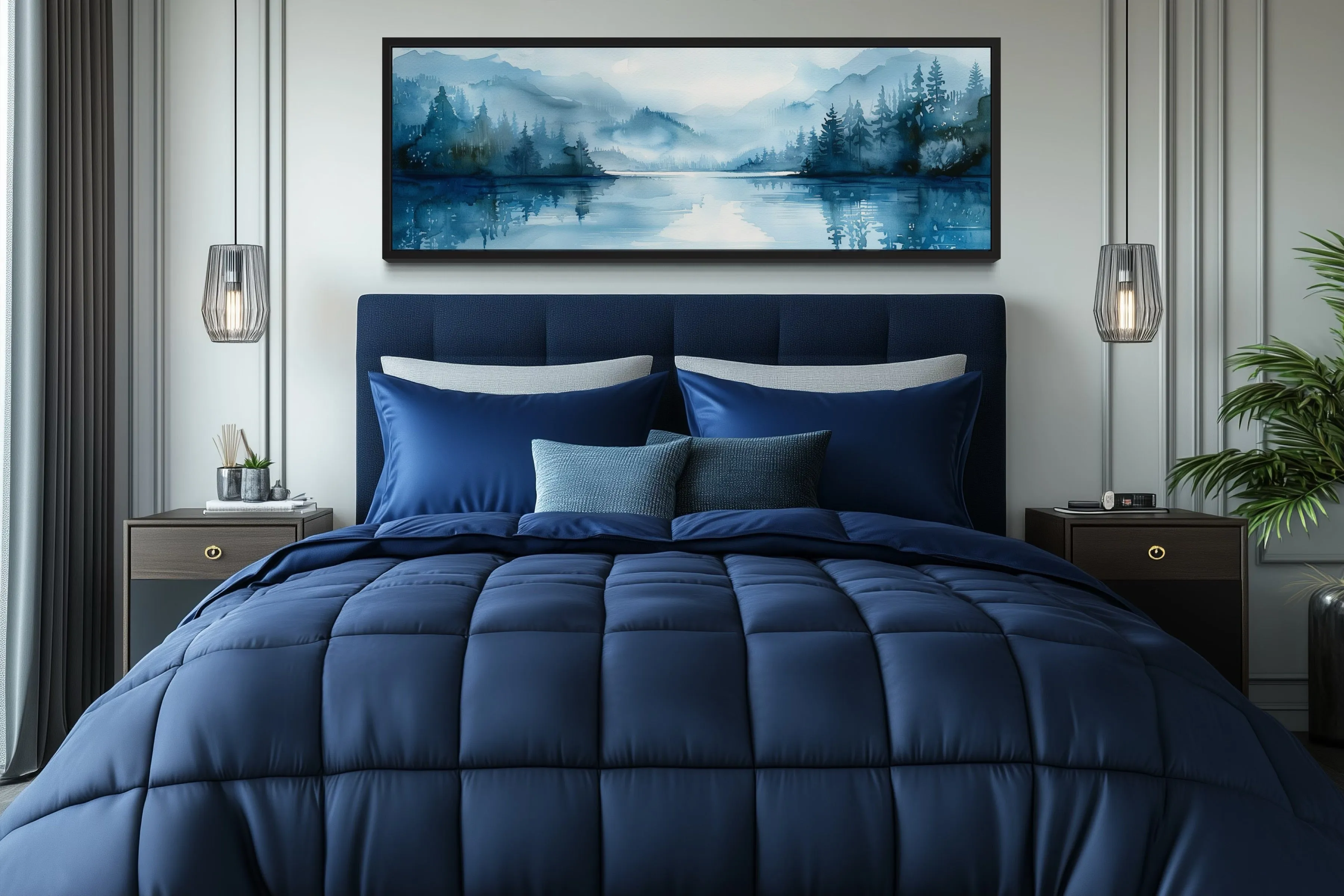 Navy Blue Lake Landscape Long Narrow Horizontal Wall Art