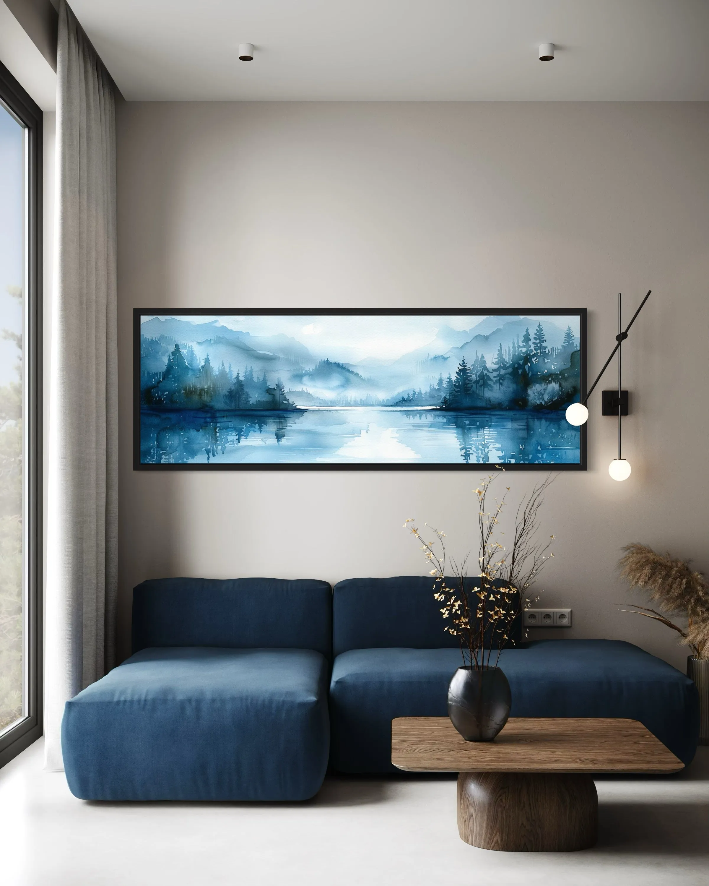 Navy Blue Lake Landscape Long Narrow Horizontal Wall Art