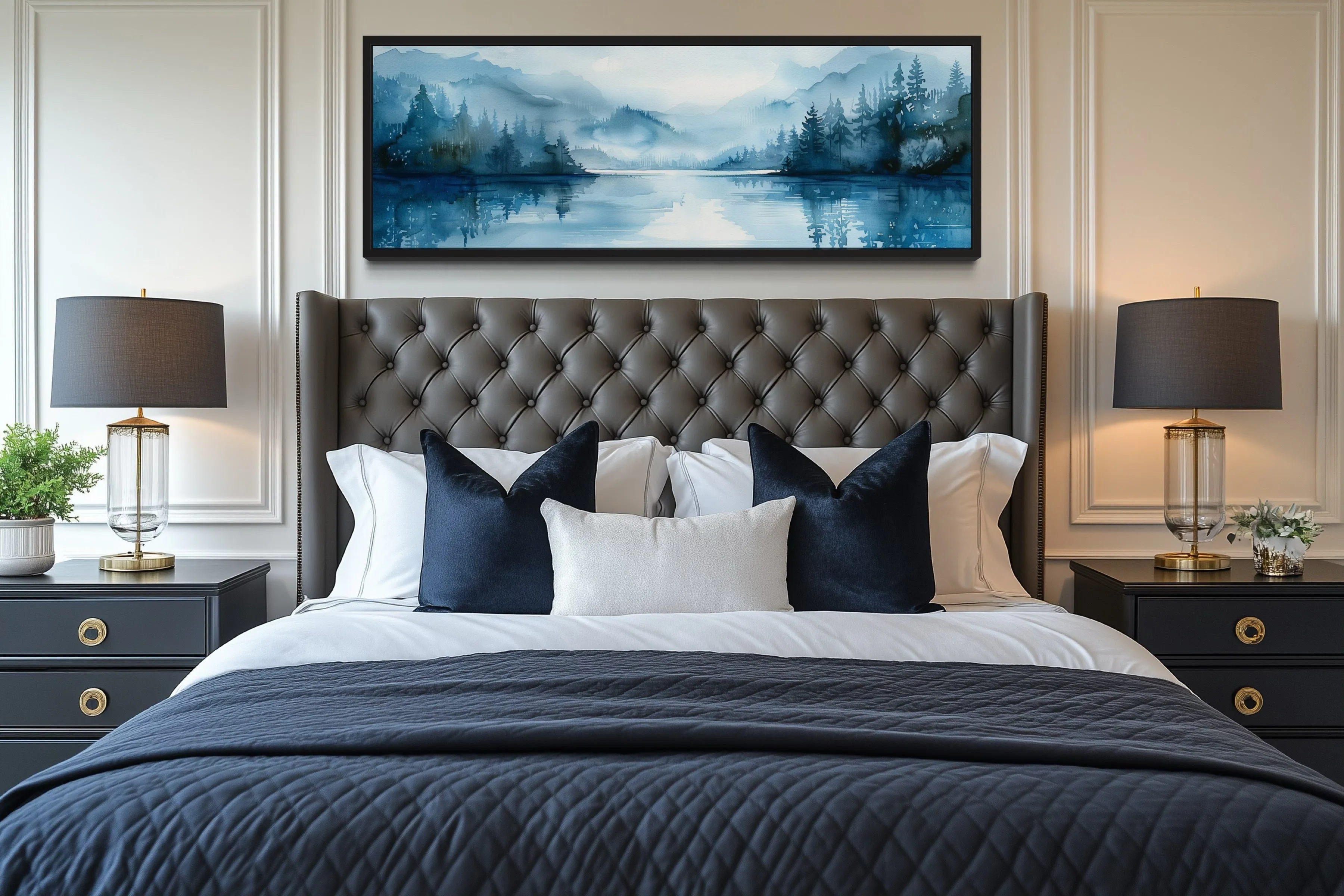 Navy Blue Lake Landscape Long Narrow Horizontal Wall Art