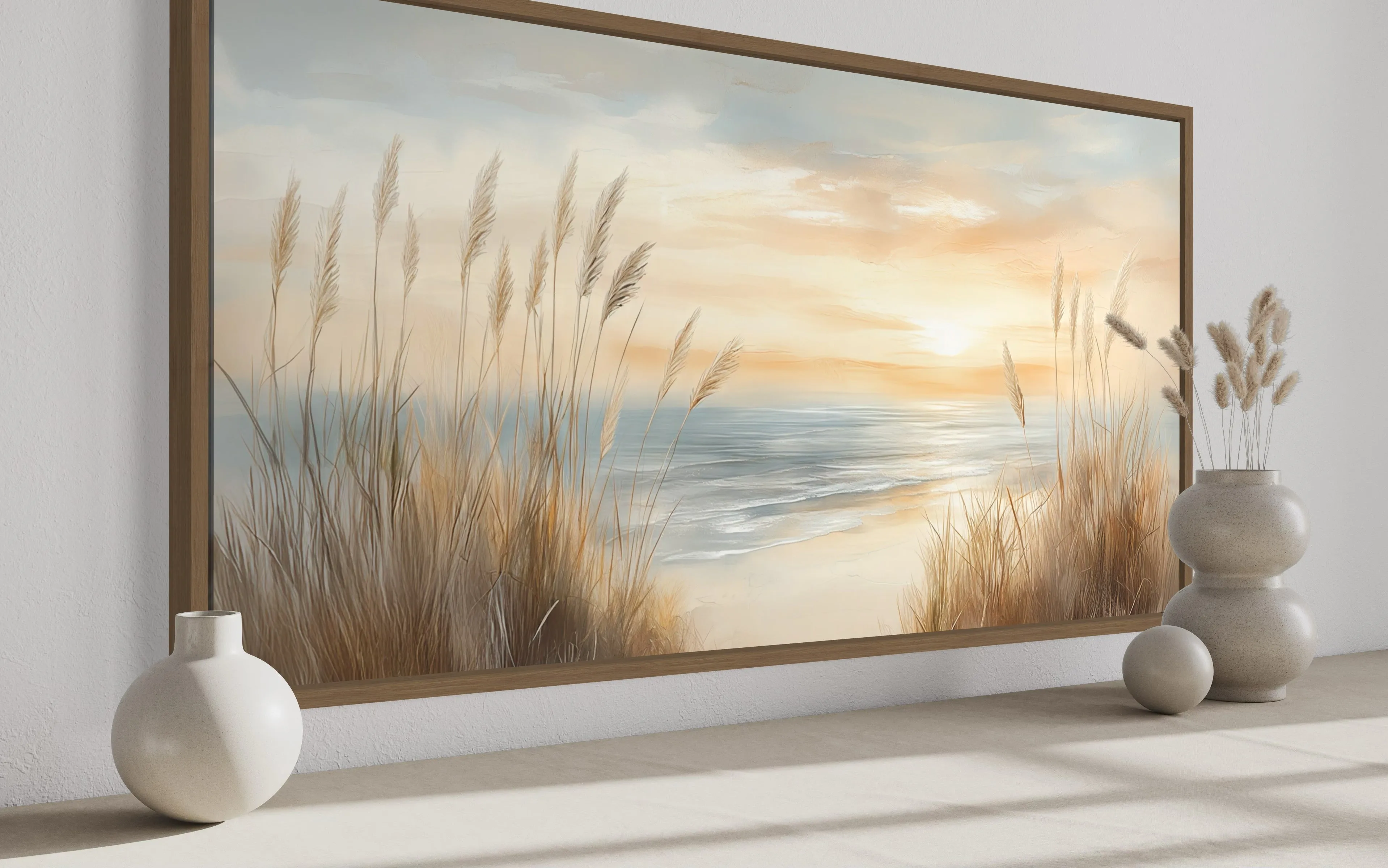 Neutral Boho Beach Pampas Grass Coastal Painting Framed Canvas Wall Art