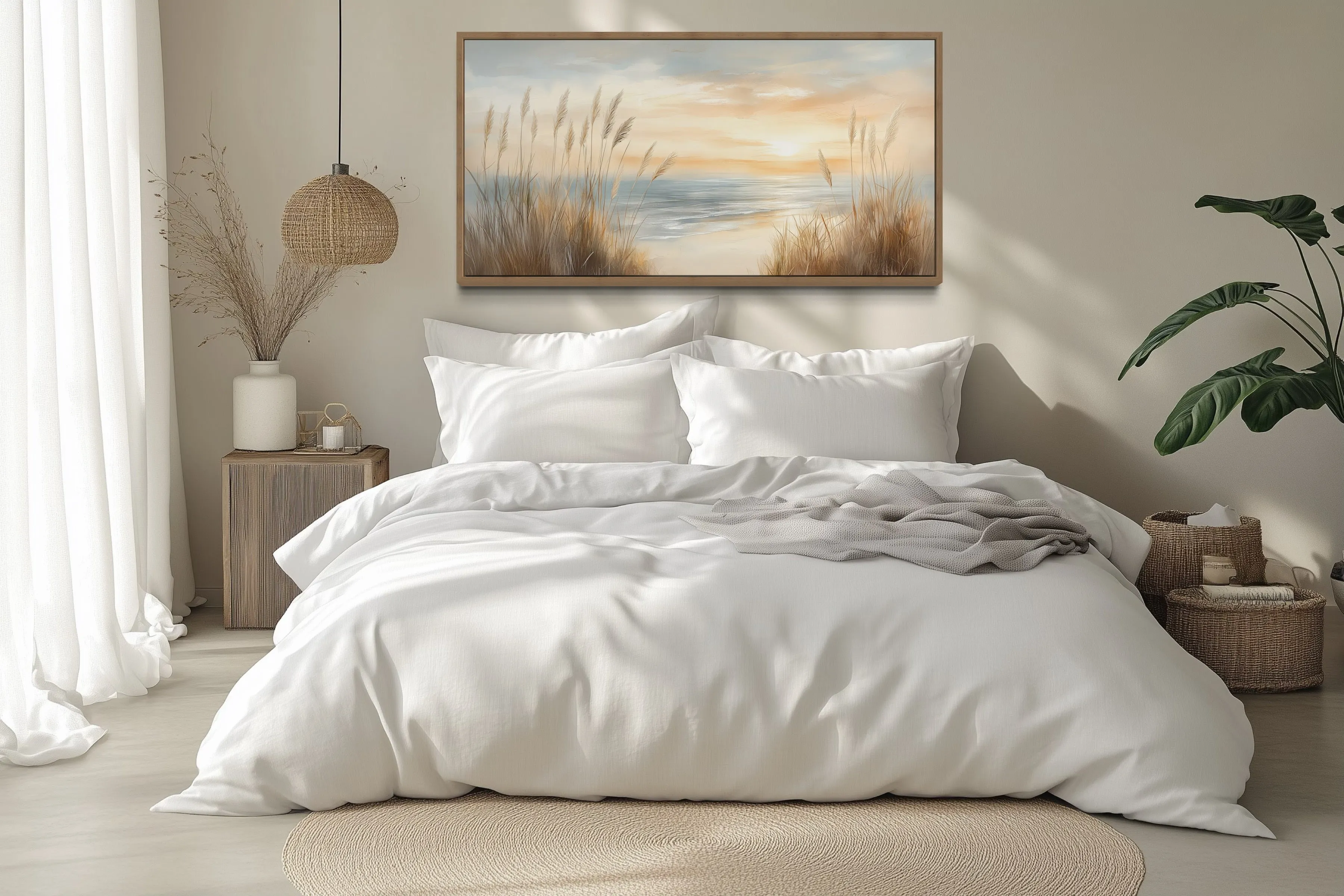 Neutral Boho Beach Pampas Grass Coastal Painting Framed Canvas Wall Art