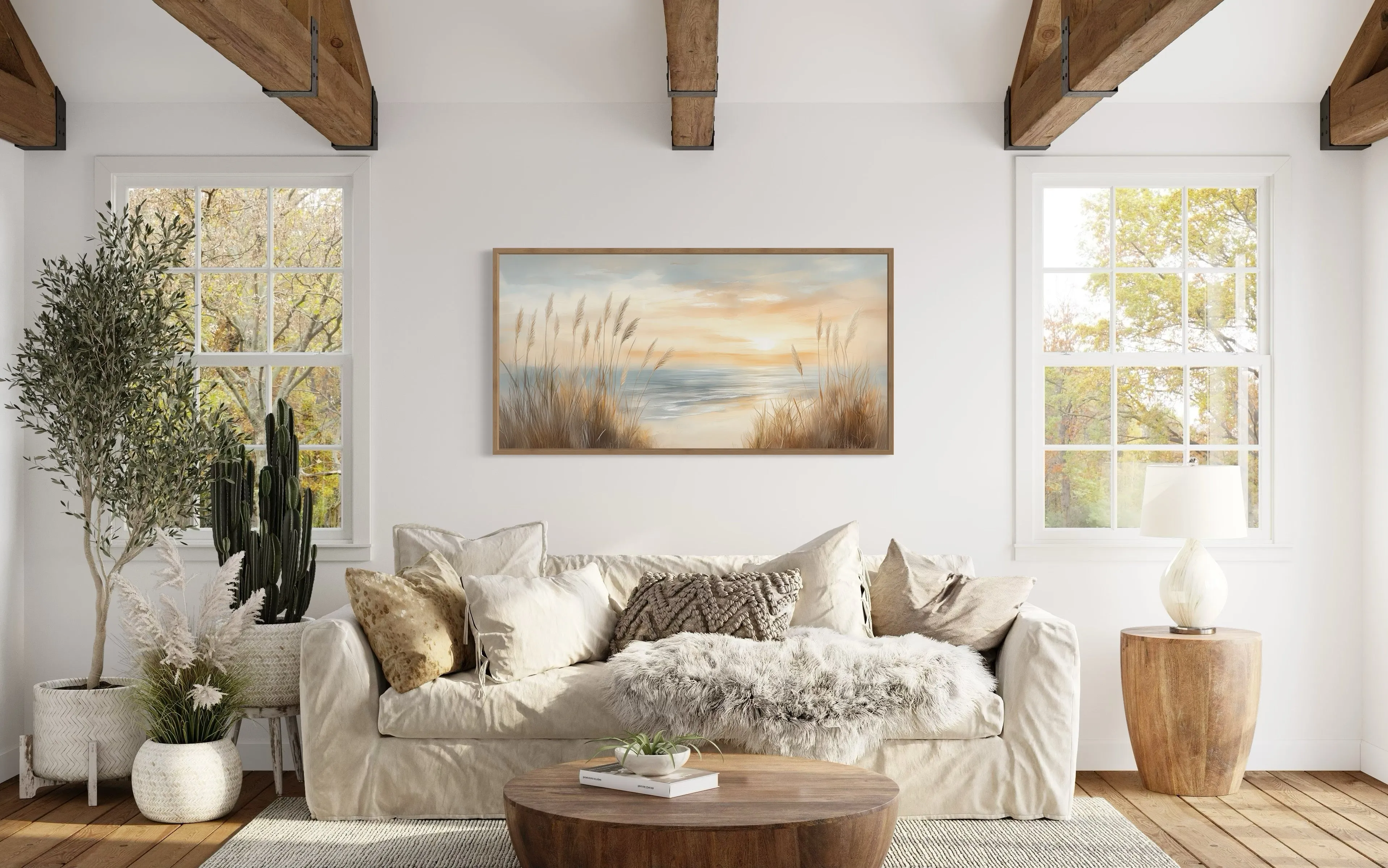 Neutral Boho Beach Pampas Grass Coastal Painting Framed Canvas Wall Art