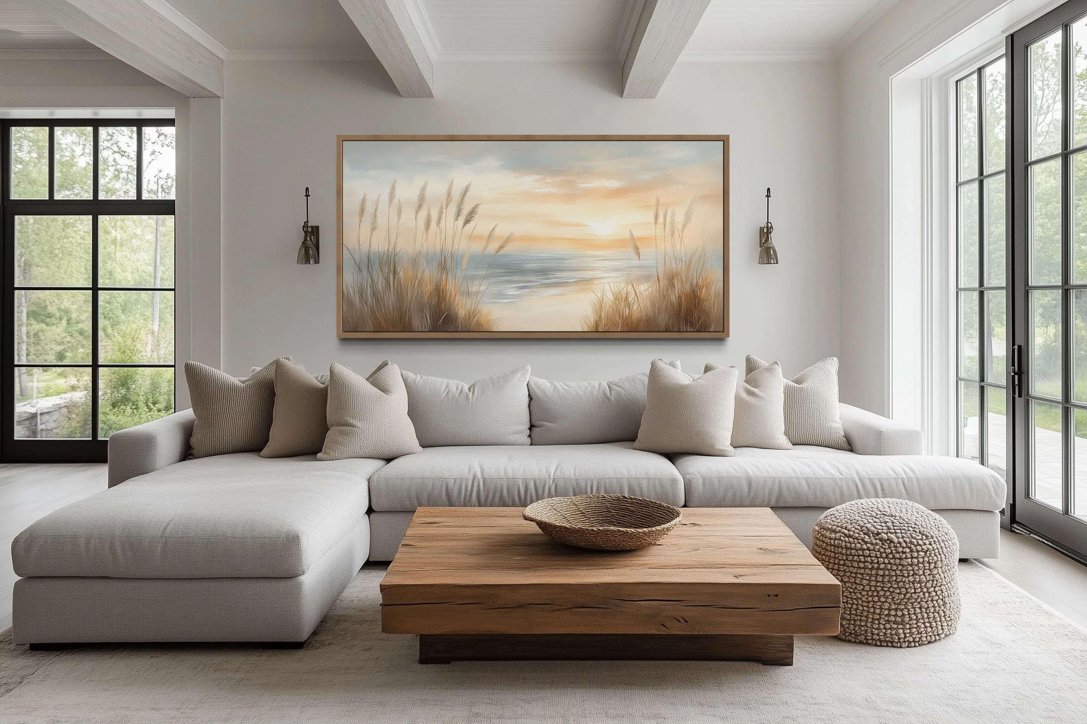 Neutral Boho Beach Pampas Grass Coastal Painting Framed Canvas Wall Art