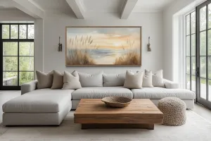Neutral Boho Beach Pampas Grass Coastal Painting Framed Canvas Wall Art