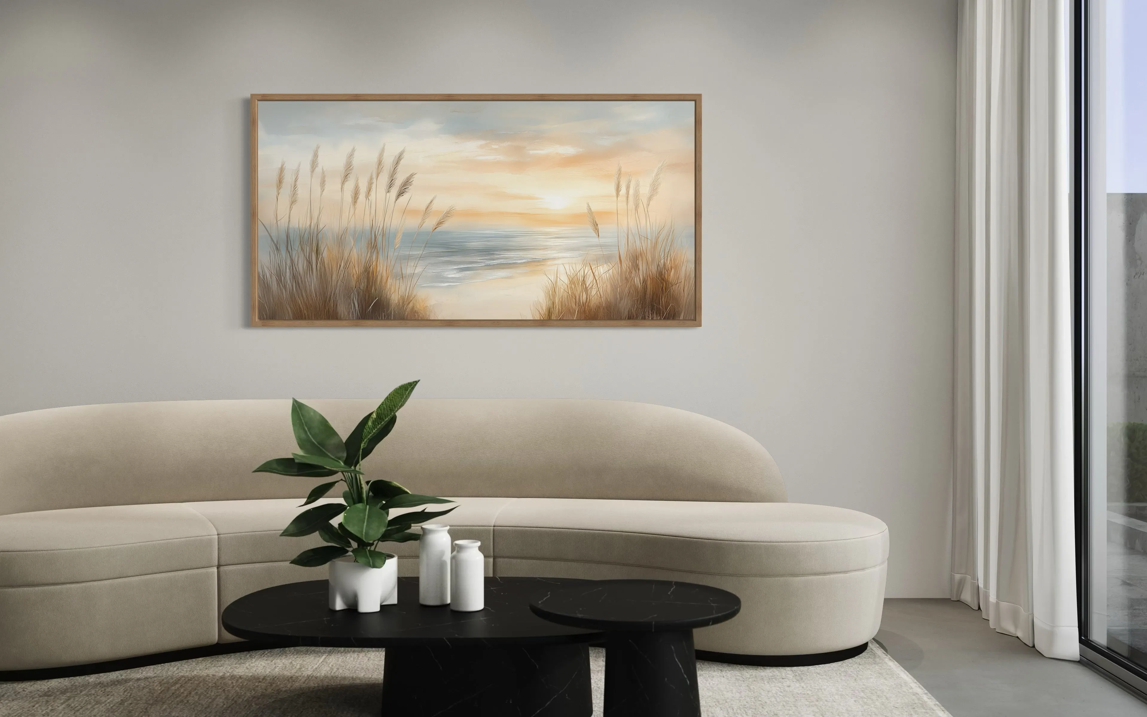 Neutral Boho Beach Pampas Grass Coastal Painting Framed Canvas Wall Art