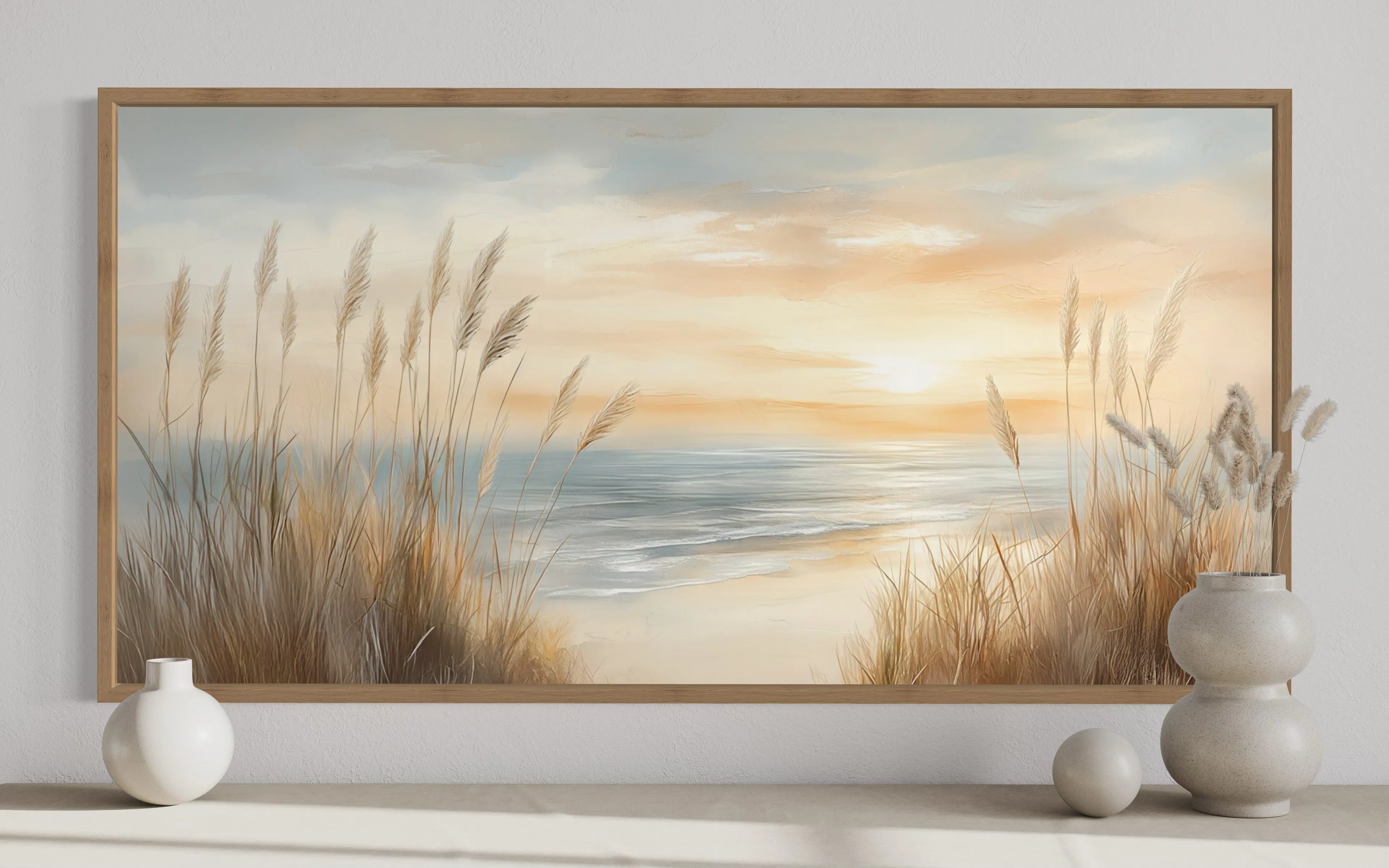 Neutral Boho Beach Pampas Grass Coastal Painting Framed Canvas Wall Art