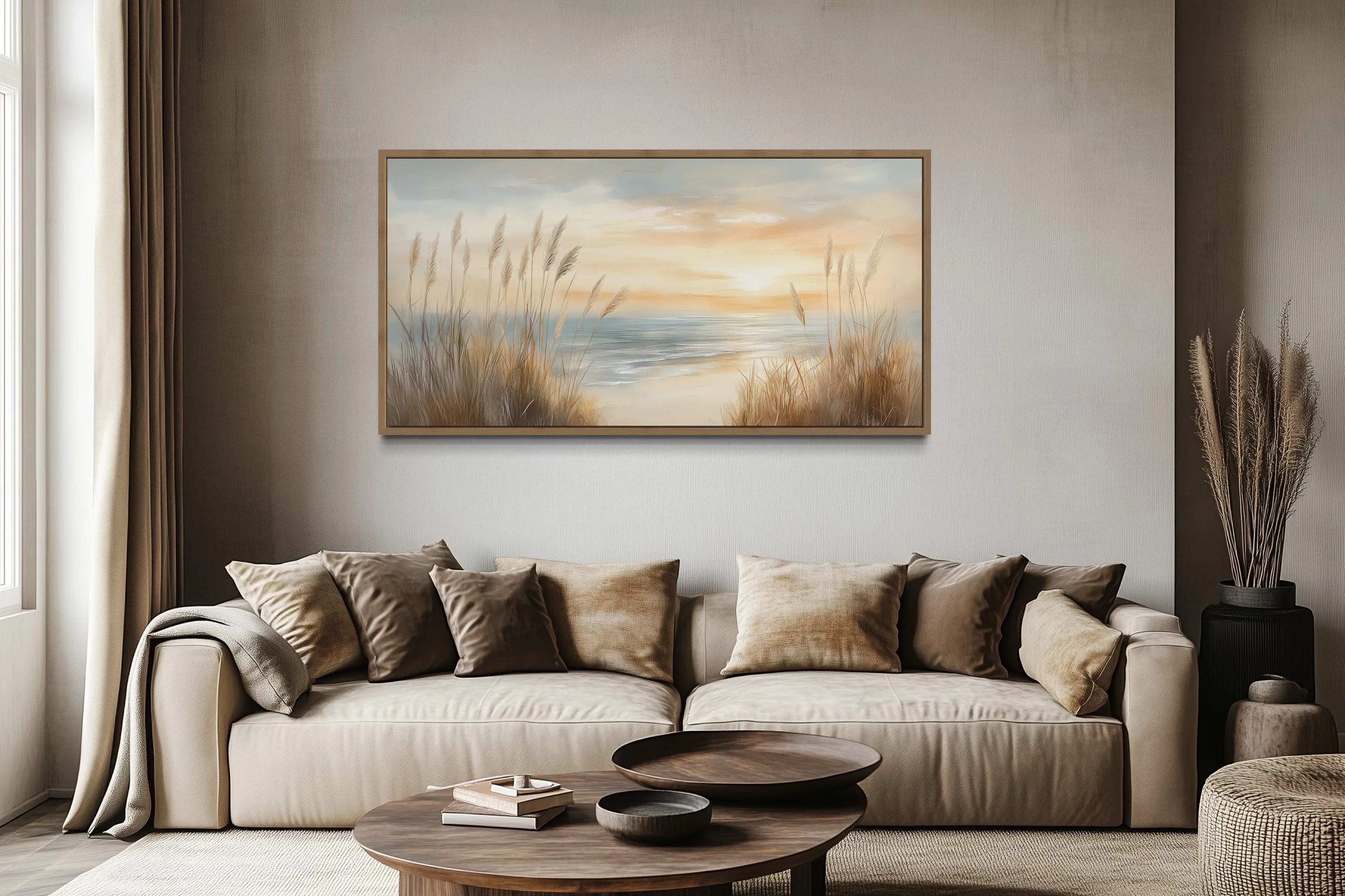 Neutral Boho Beach Pampas Grass Coastal Painting Framed Canvas Wall Art