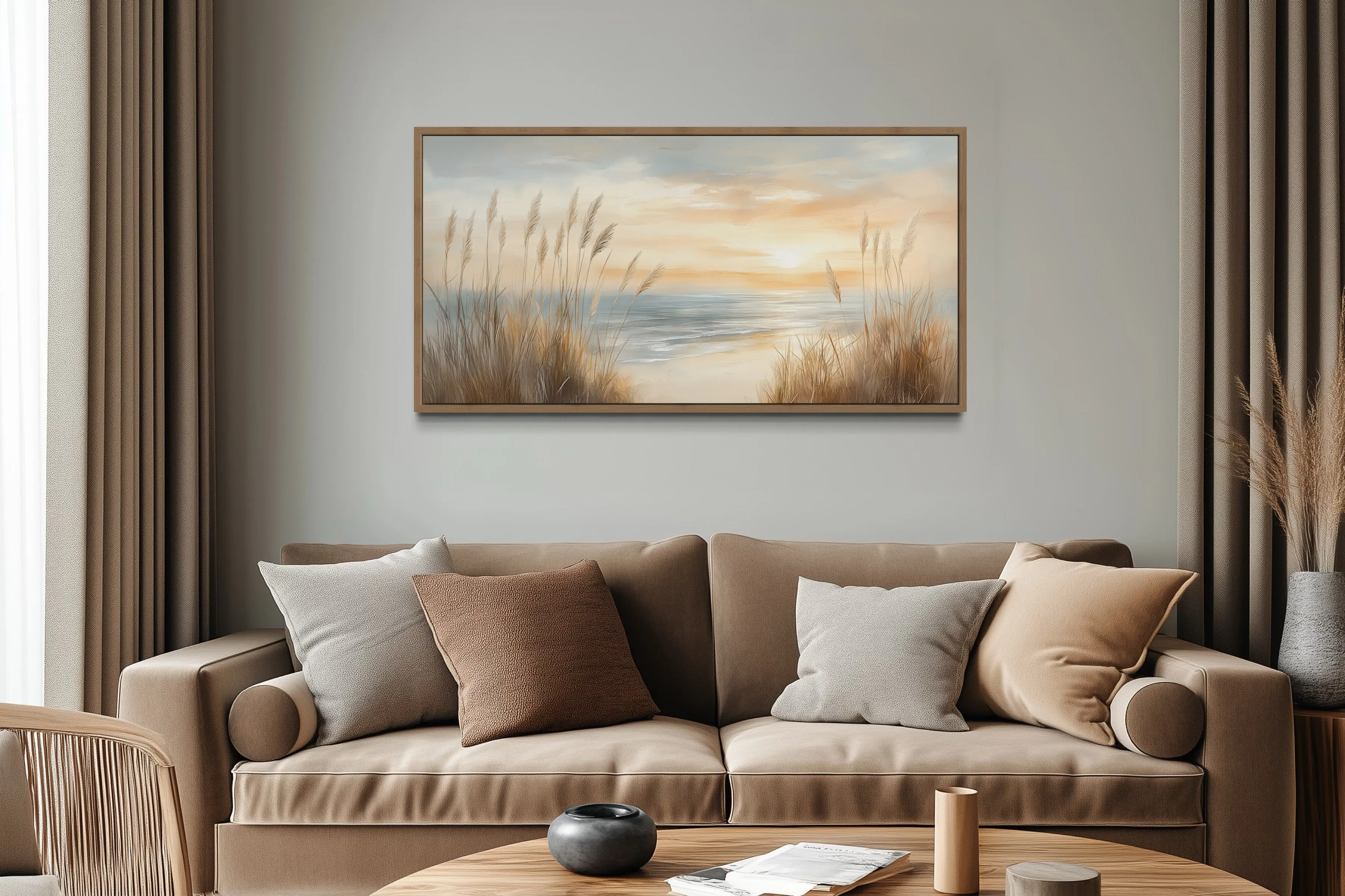 Neutral Boho Beach Pampas Grass Coastal Painting Framed Canvas Wall Art