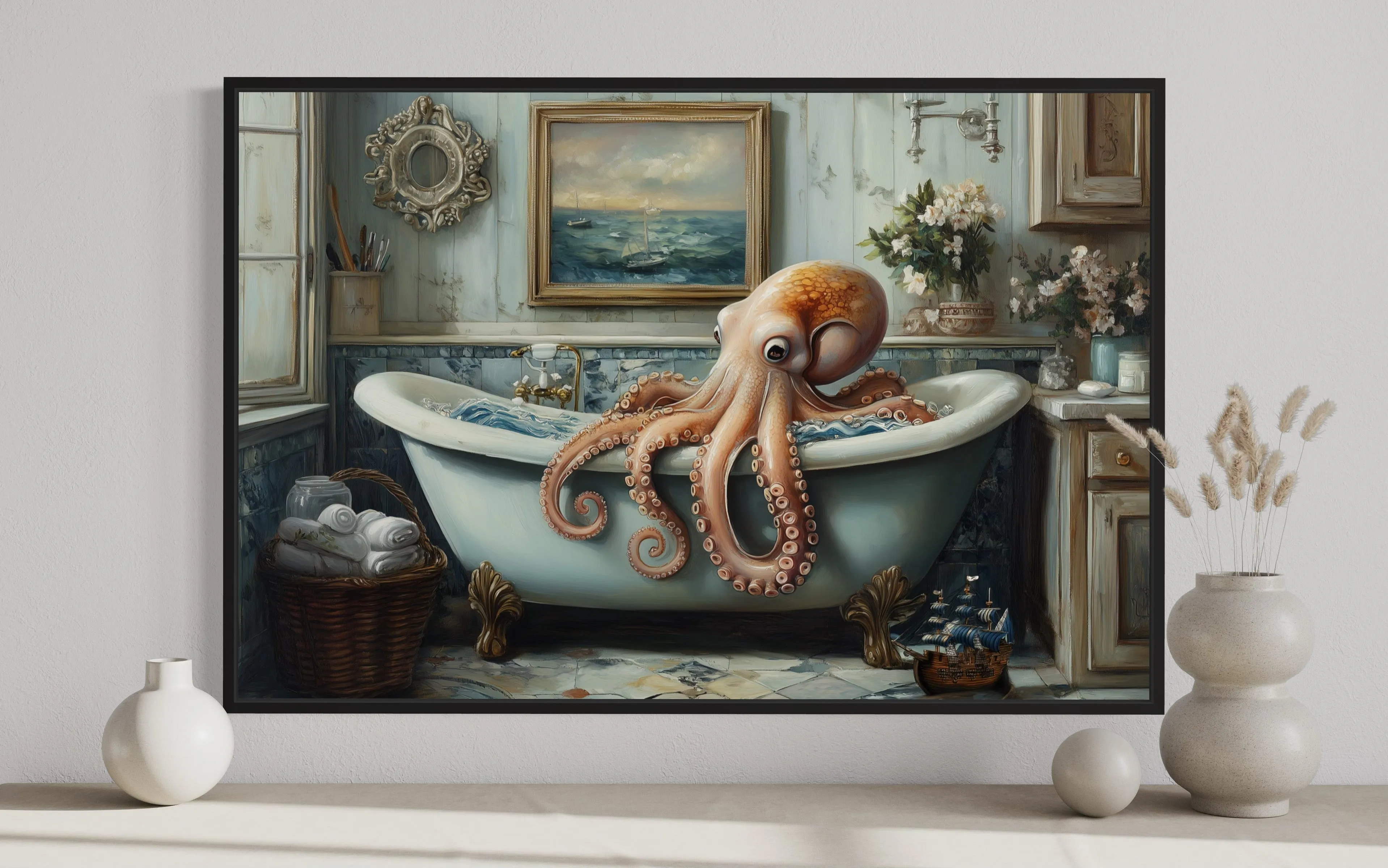 Octopus in a Bathtub Framed Canvas Wall Art