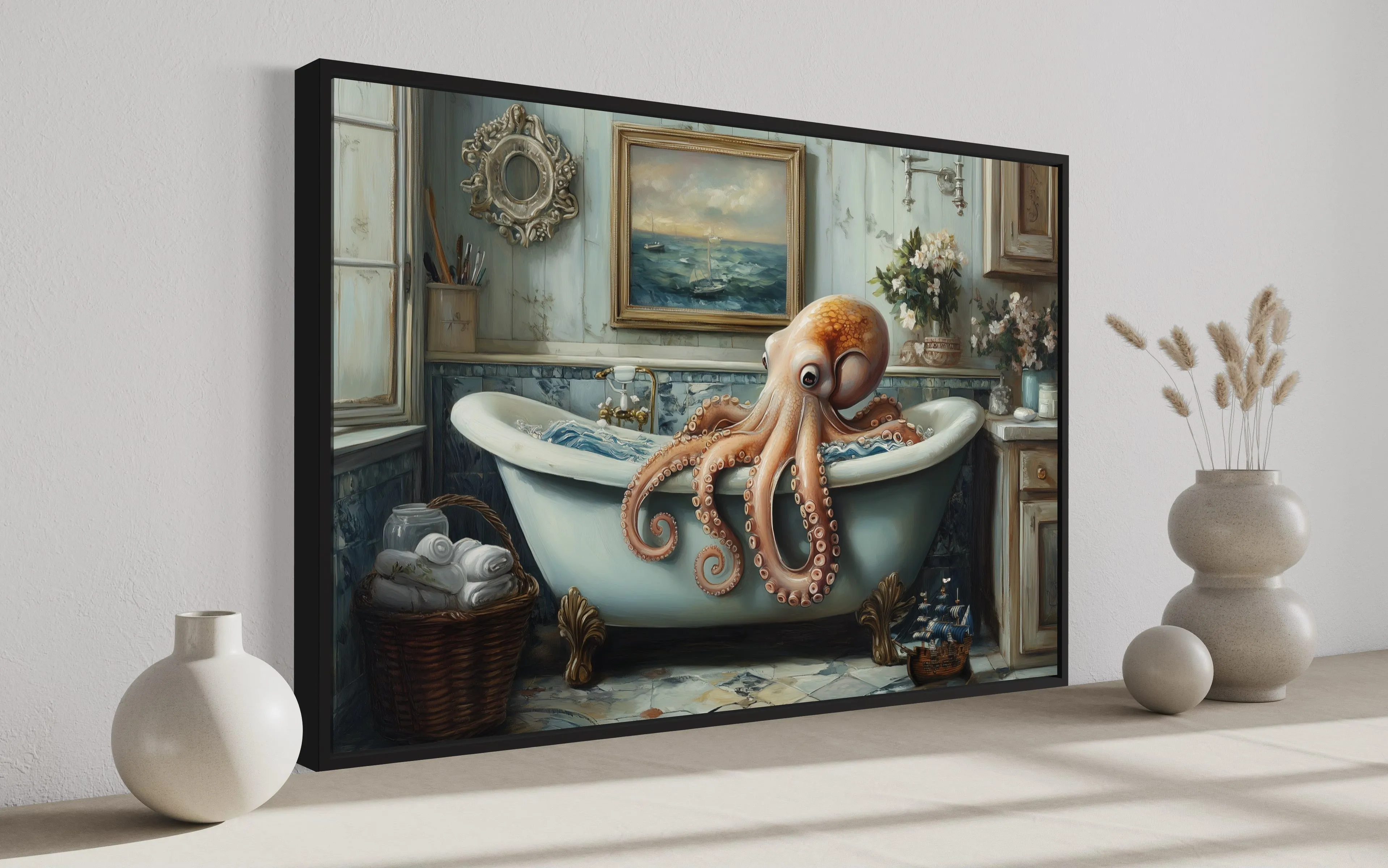 Octopus in a Bathtub Framed Canvas Wall Art