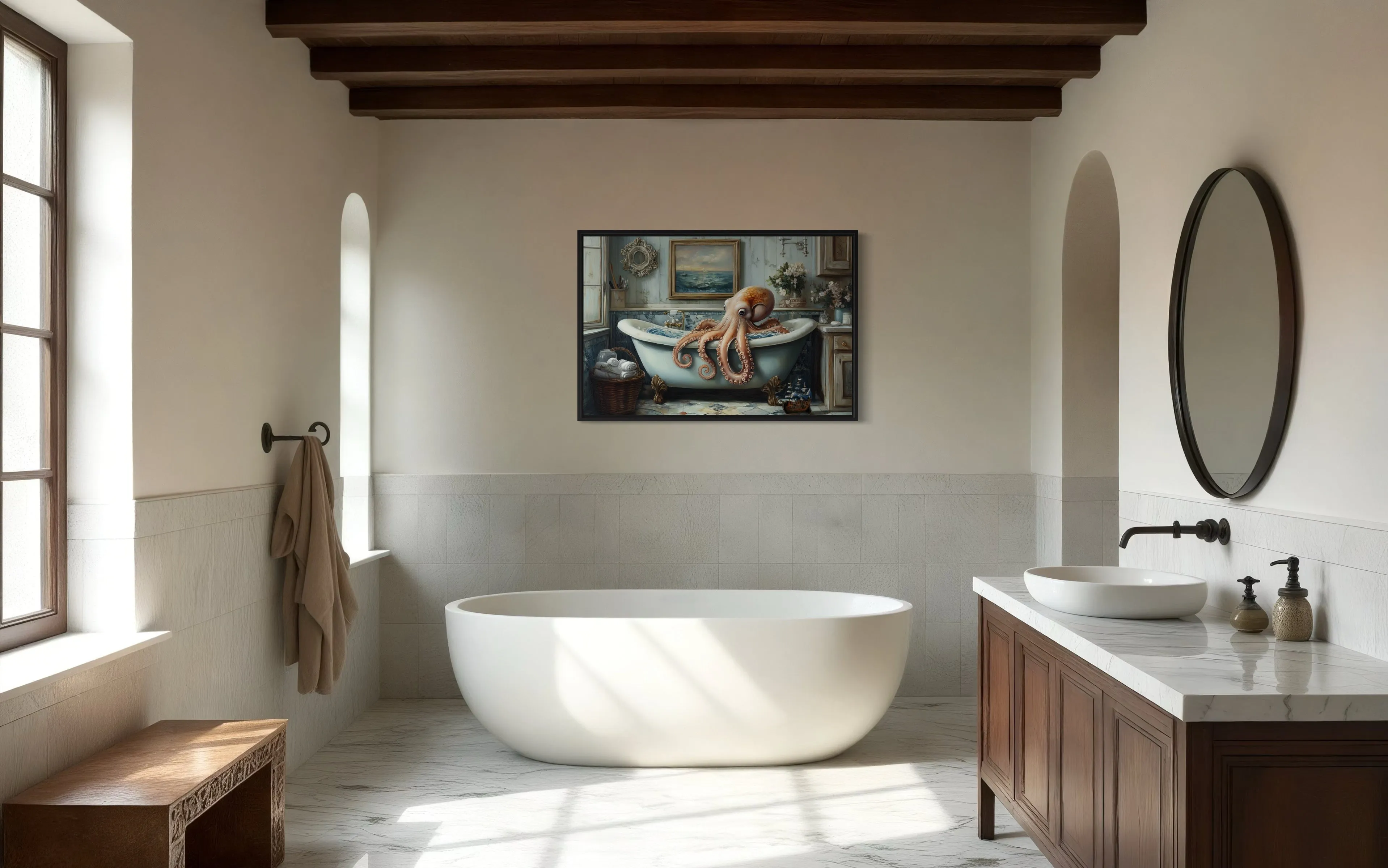 Octopus in a Bathtub Framed Canvas Wall Art