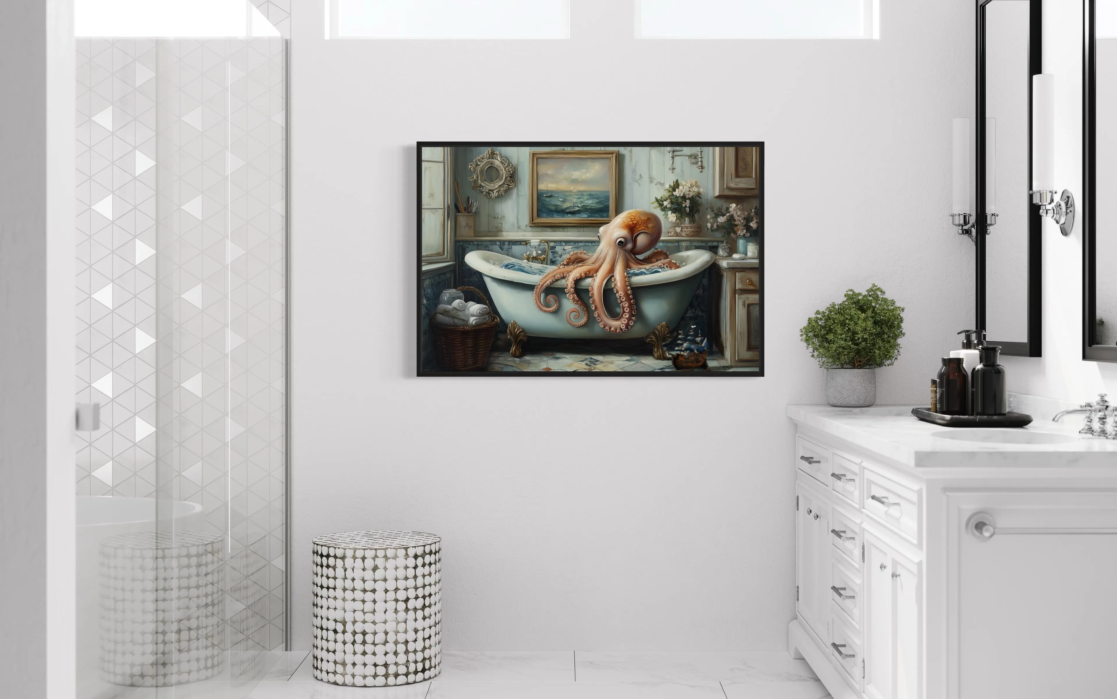 Octopus in a Bathtub Framed Canvas Wall Art