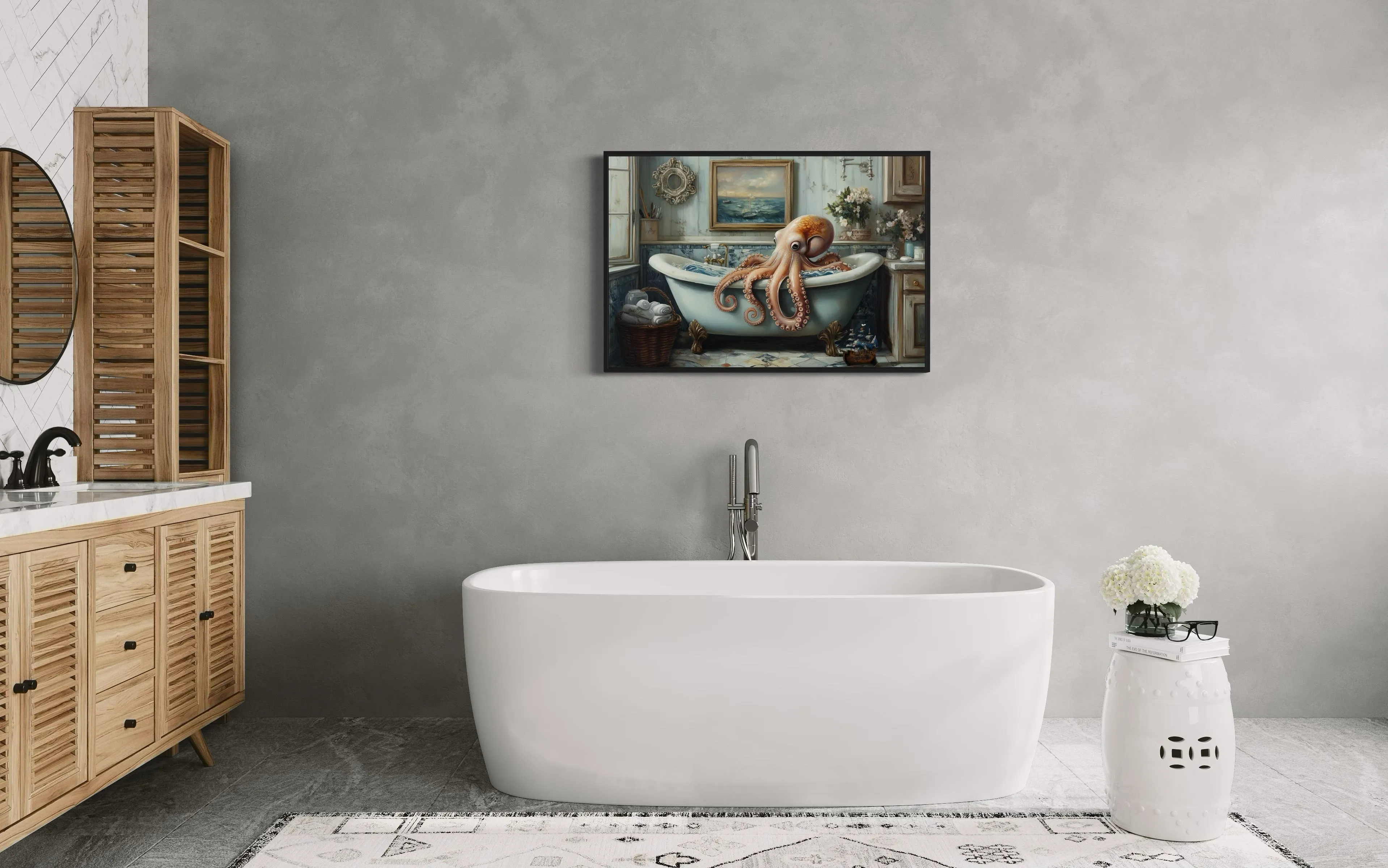 Octopus in a Bathtub Framed Canvas Wall Art