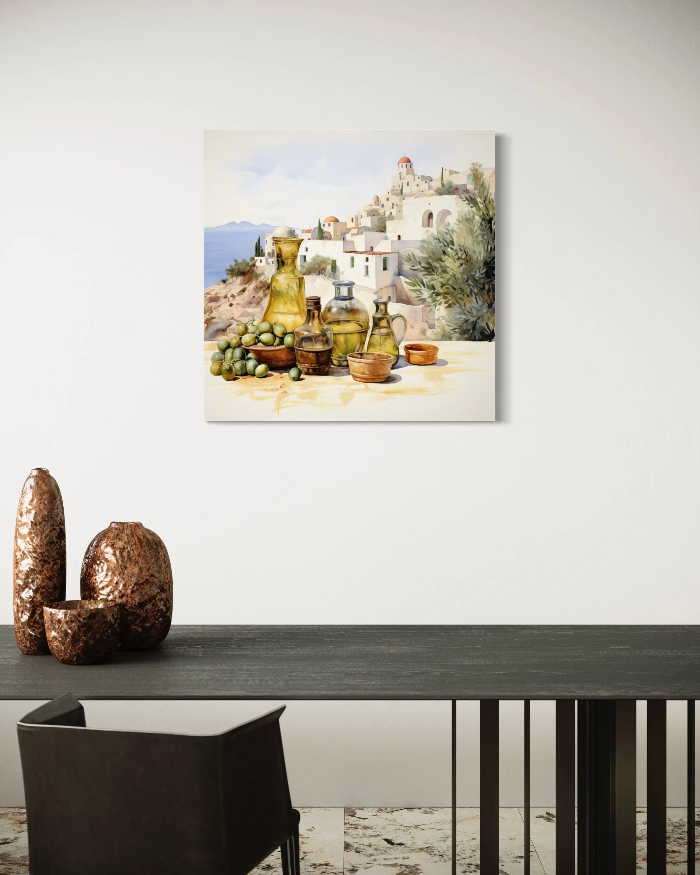 Olives And Oil Watercolor Greece Landscape Framed Canvas Wall Art