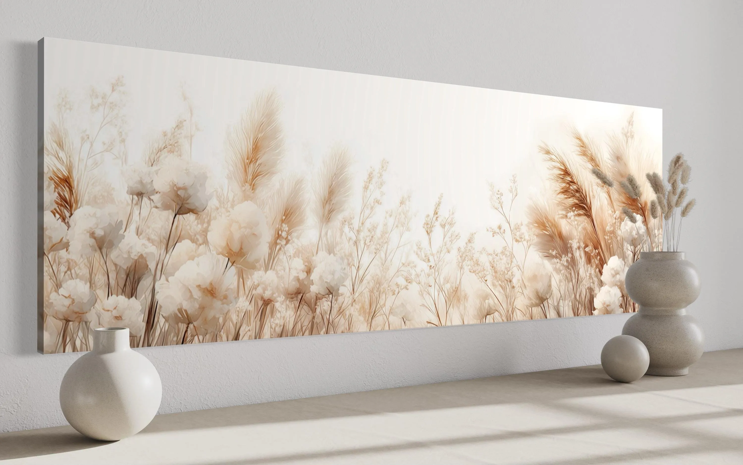 Pampas Grass Long Horizontal Neutral Canvas Wall