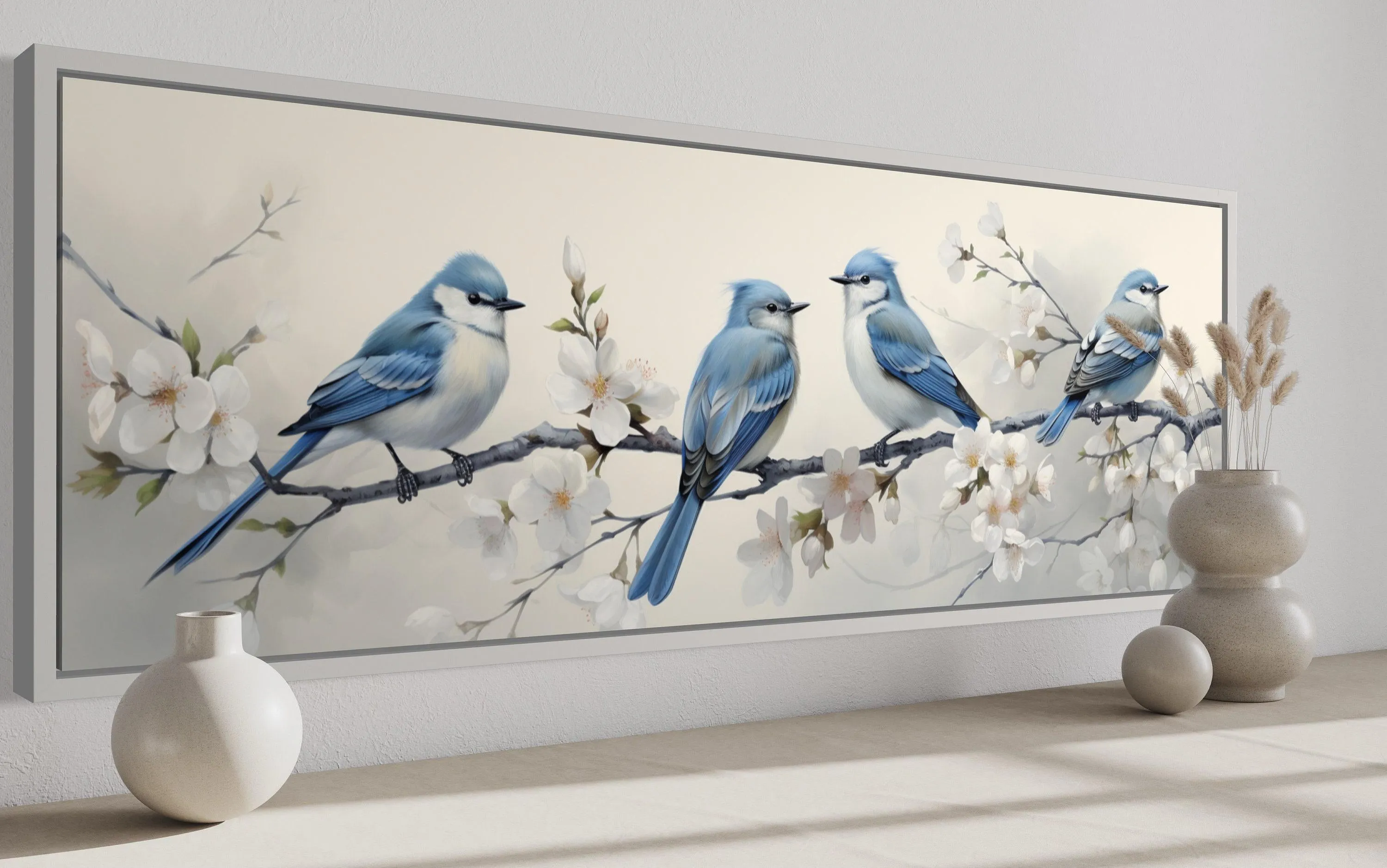 Panoramic Blue Birds Perched On a Branch Watercolor Wall Art